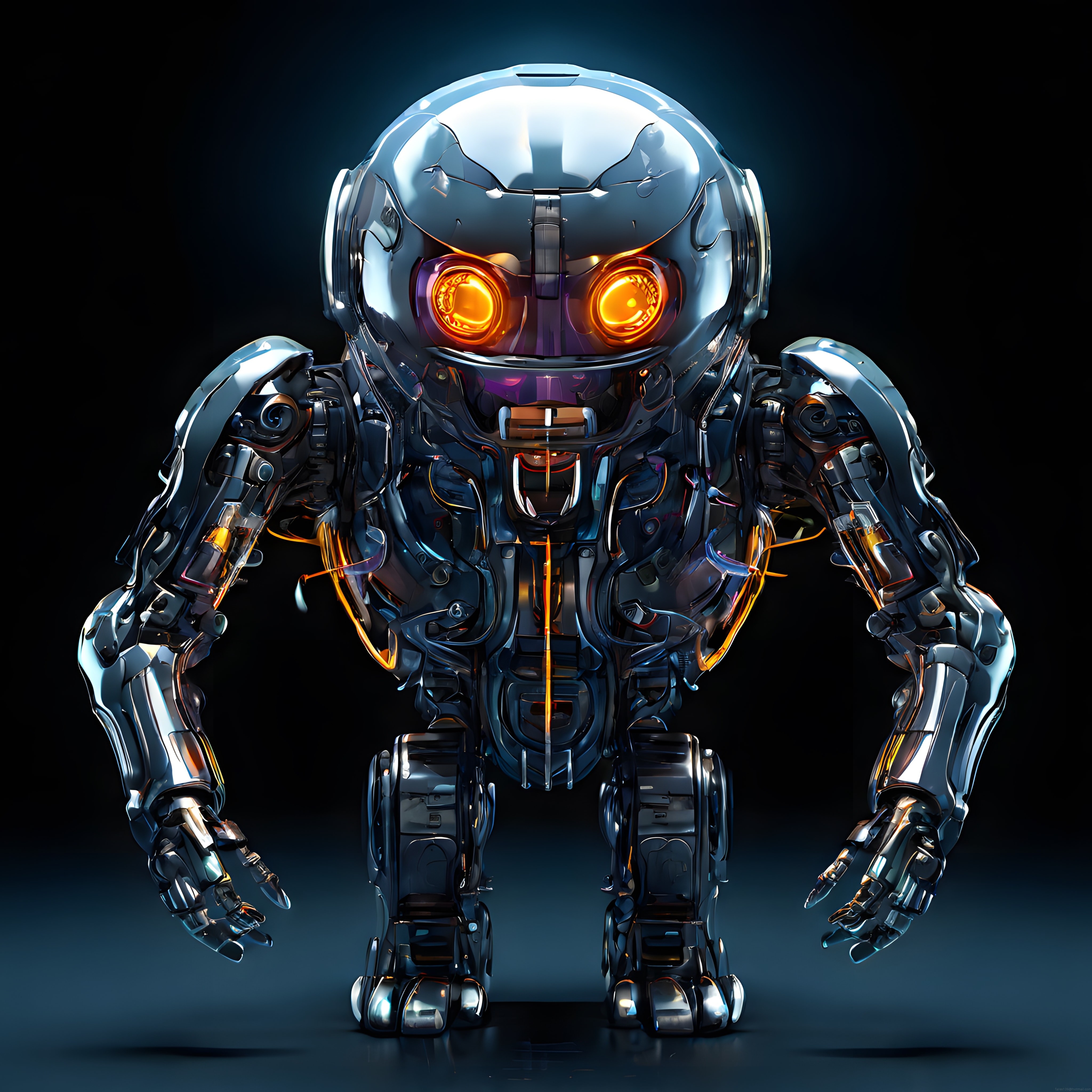 Metalik Krom Gövdeli ve Parlak Turuncu Gözleriyle Geleceğin İnsansı Robotu