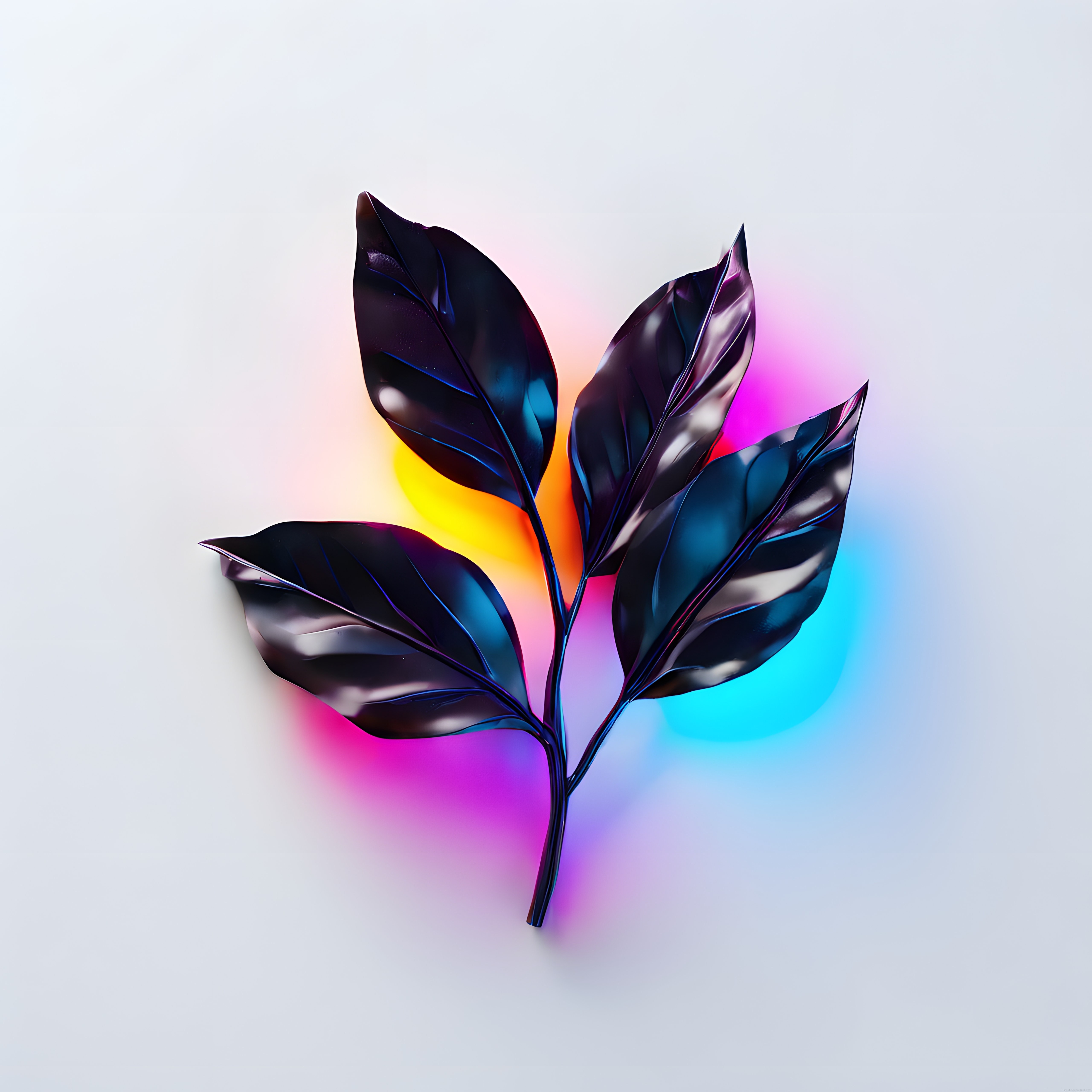 Metalik Yaprakların Neon Işıklarla Buluştuğu Modern ve Minimalist Dijital Sanat Eseri