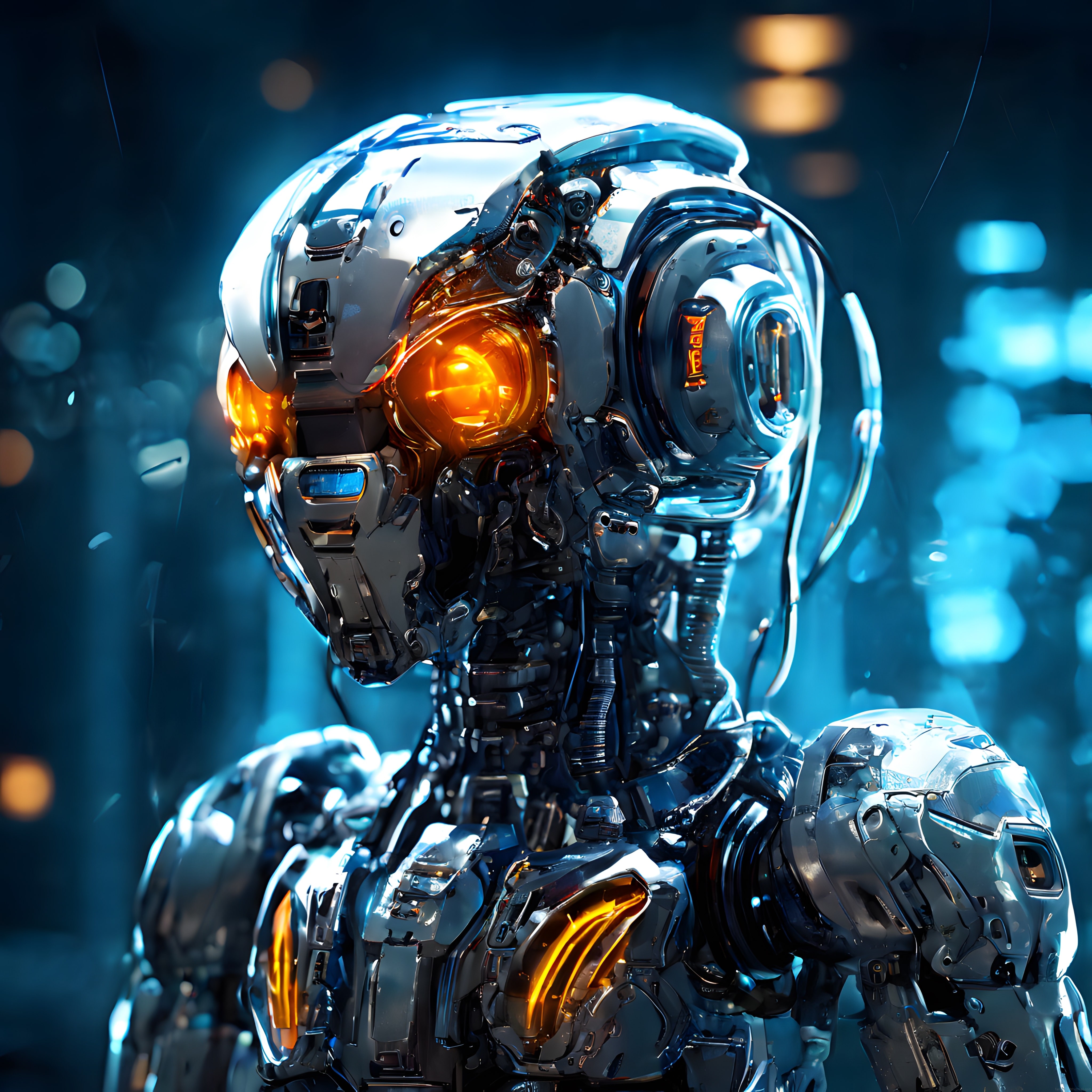 Metalik Yüzeyleri ve Parlak Amber Gözleriyle Geleceğin İnsanoid Robotu