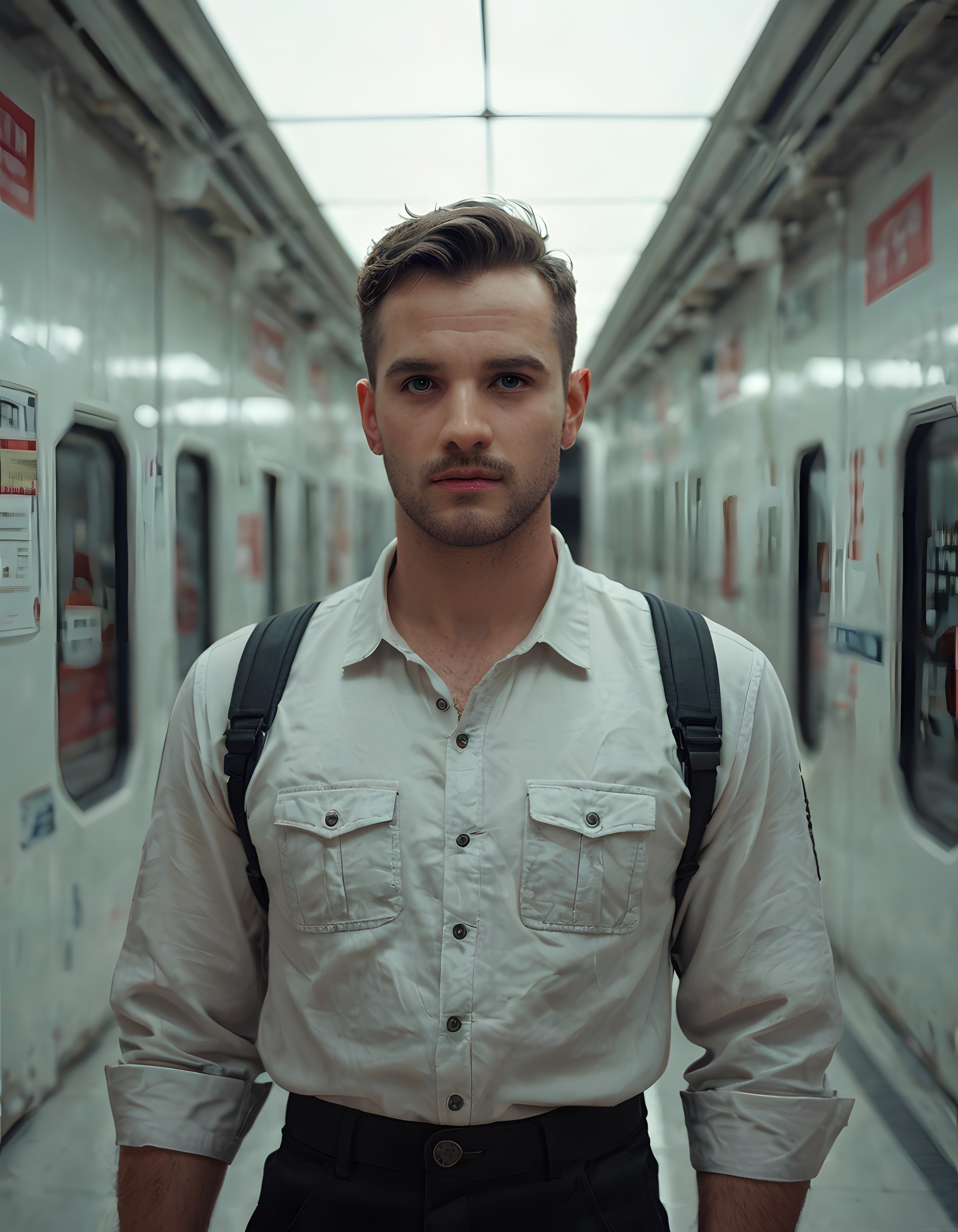 Metro vagonunda bekleyen sırt çantalı genç adam portre fotoğrafı