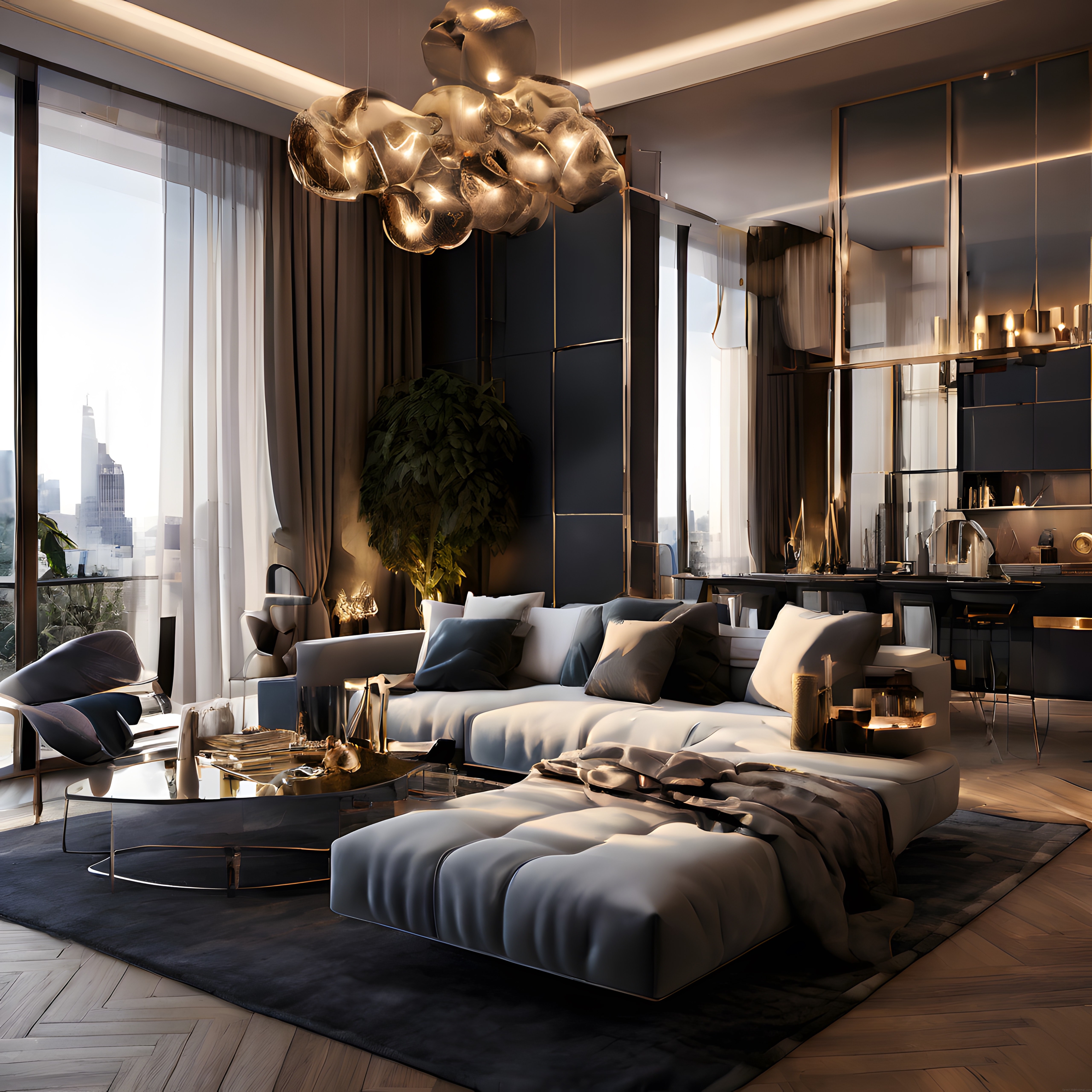Metropol Manzaralı Lüks Salon: Modern Ev Dekorasyonu ve Şık Tasarım