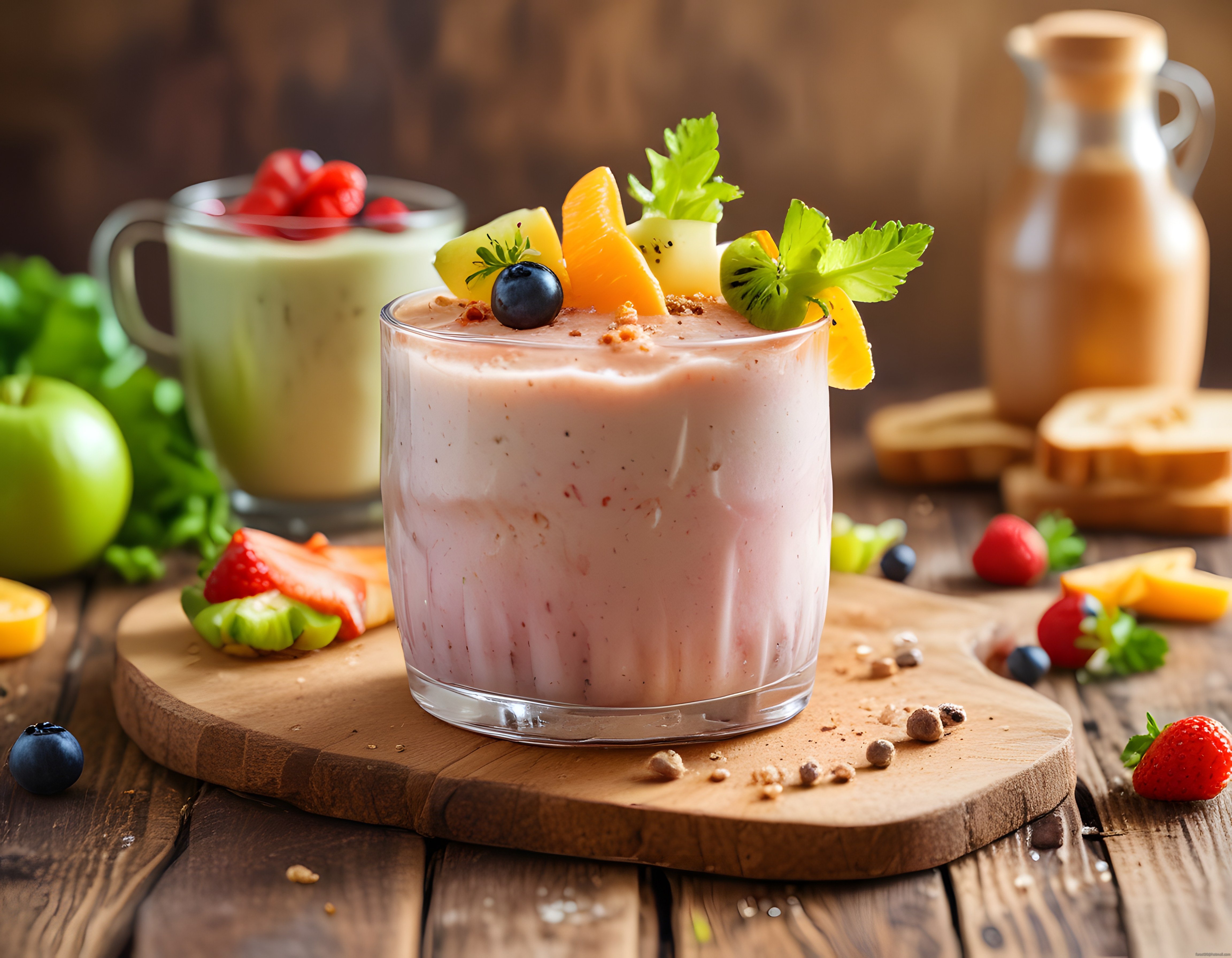 Meyve parçalı çilekli smoothie bardağı ahşap masada