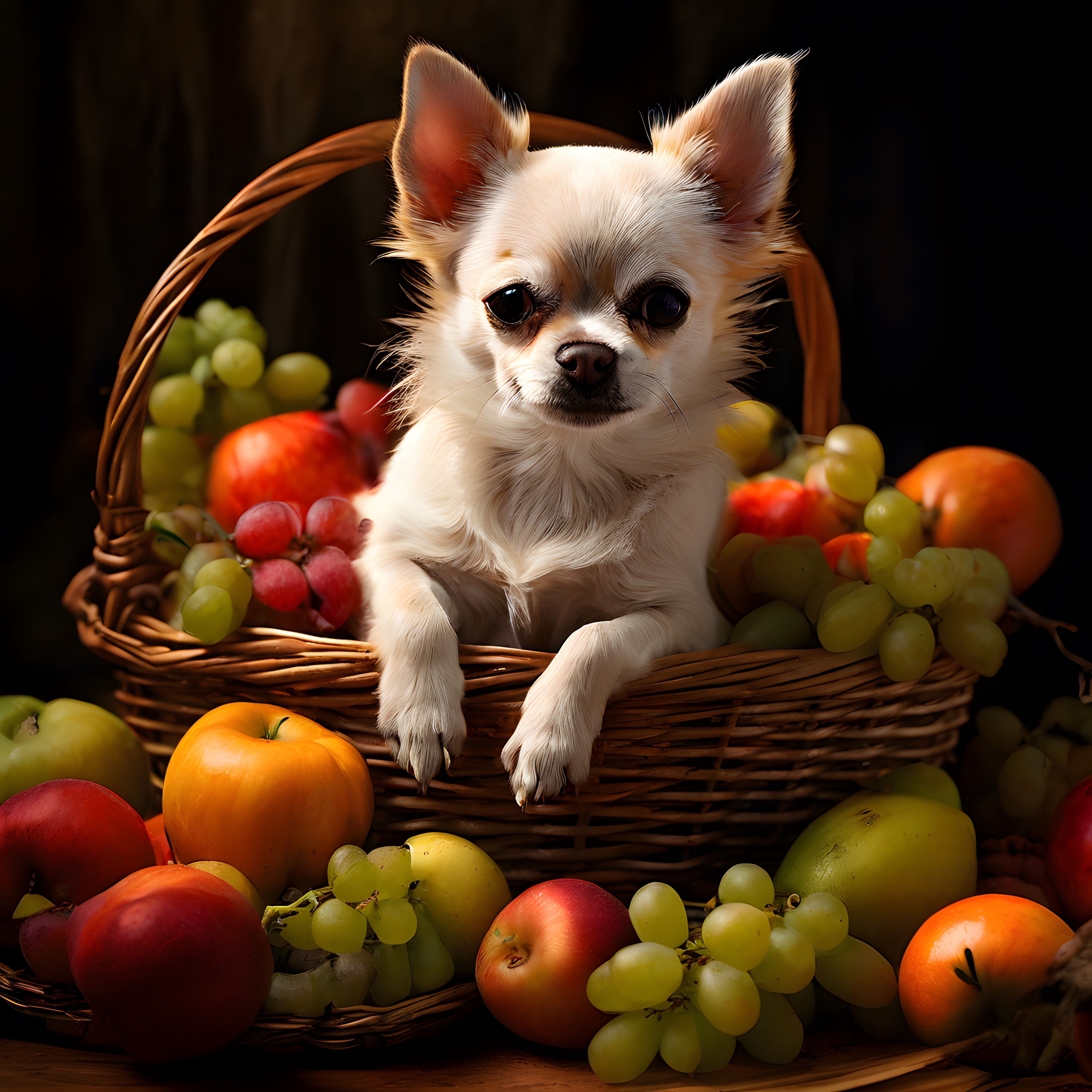 Meyve Sepetinin İçinde Oturan Küçük Beyaz Chihuahua Köpek Yavrusu