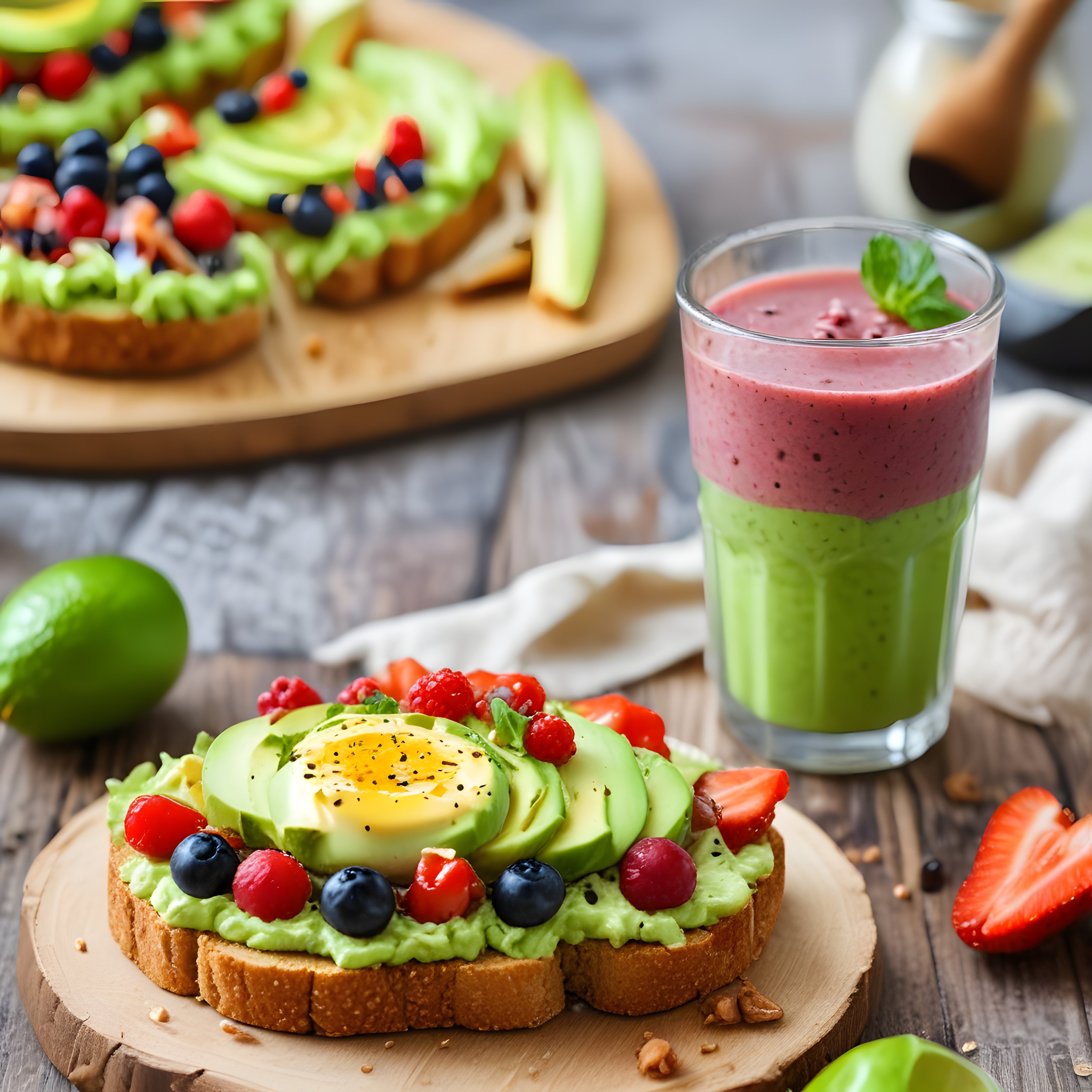 meyveli avokadolu ekmek üstü ve çift katmanlı smoothie ile enerjik kahvaltı