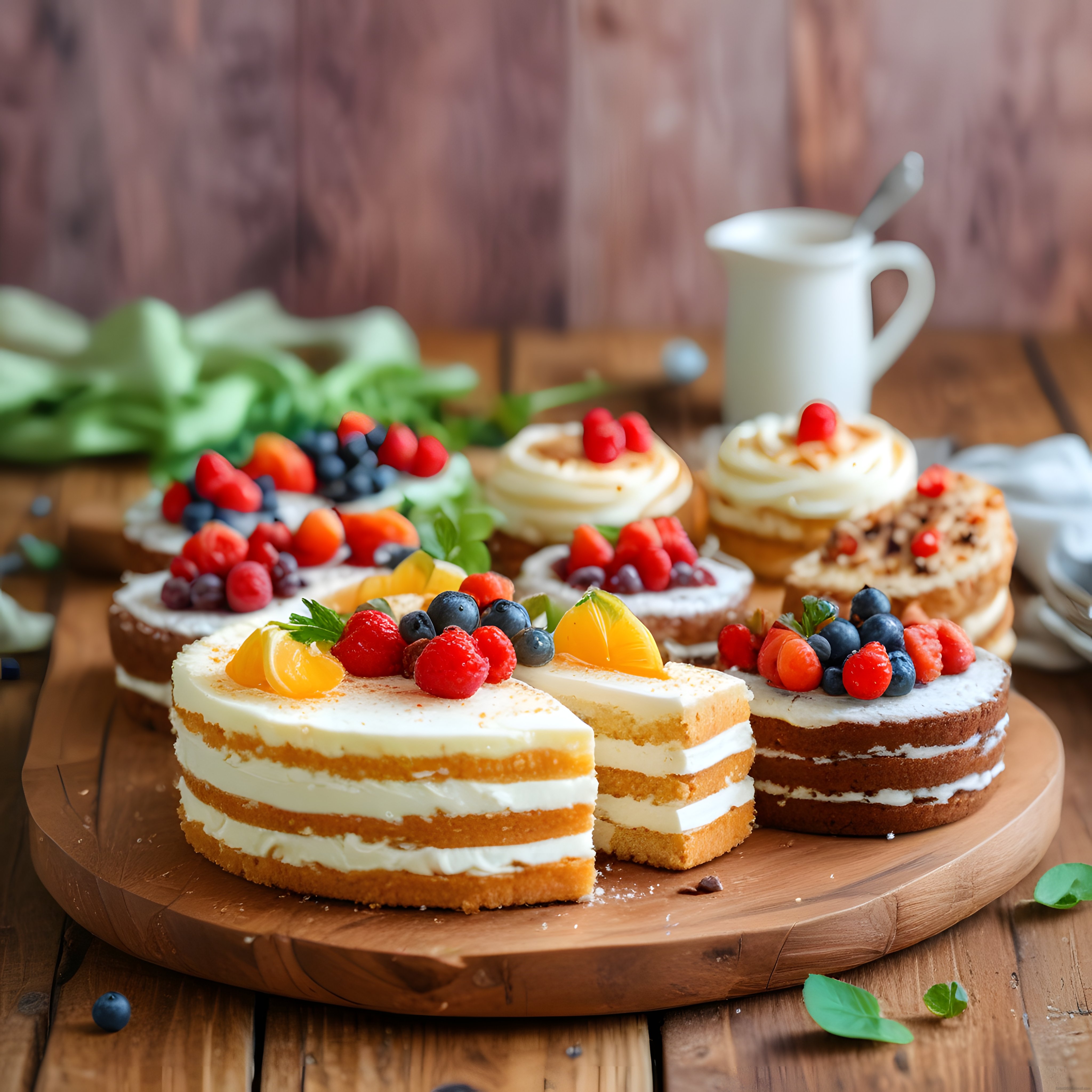 meyveli katlı pasta dilimleri ve renkli mini tatlıların rustik sunumu