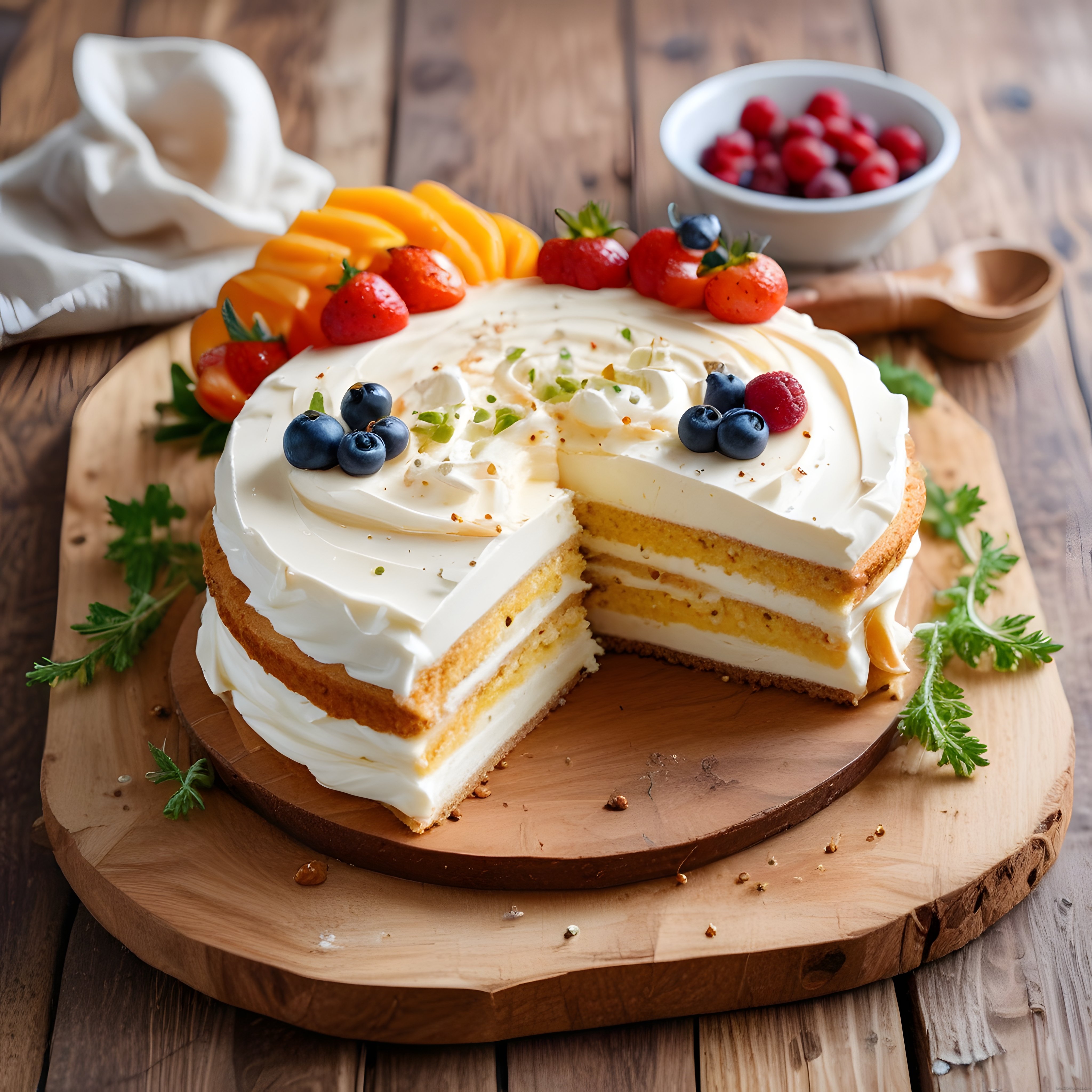 Meyveli krema kaplı sünger pasta, ahşap servis tahtasında