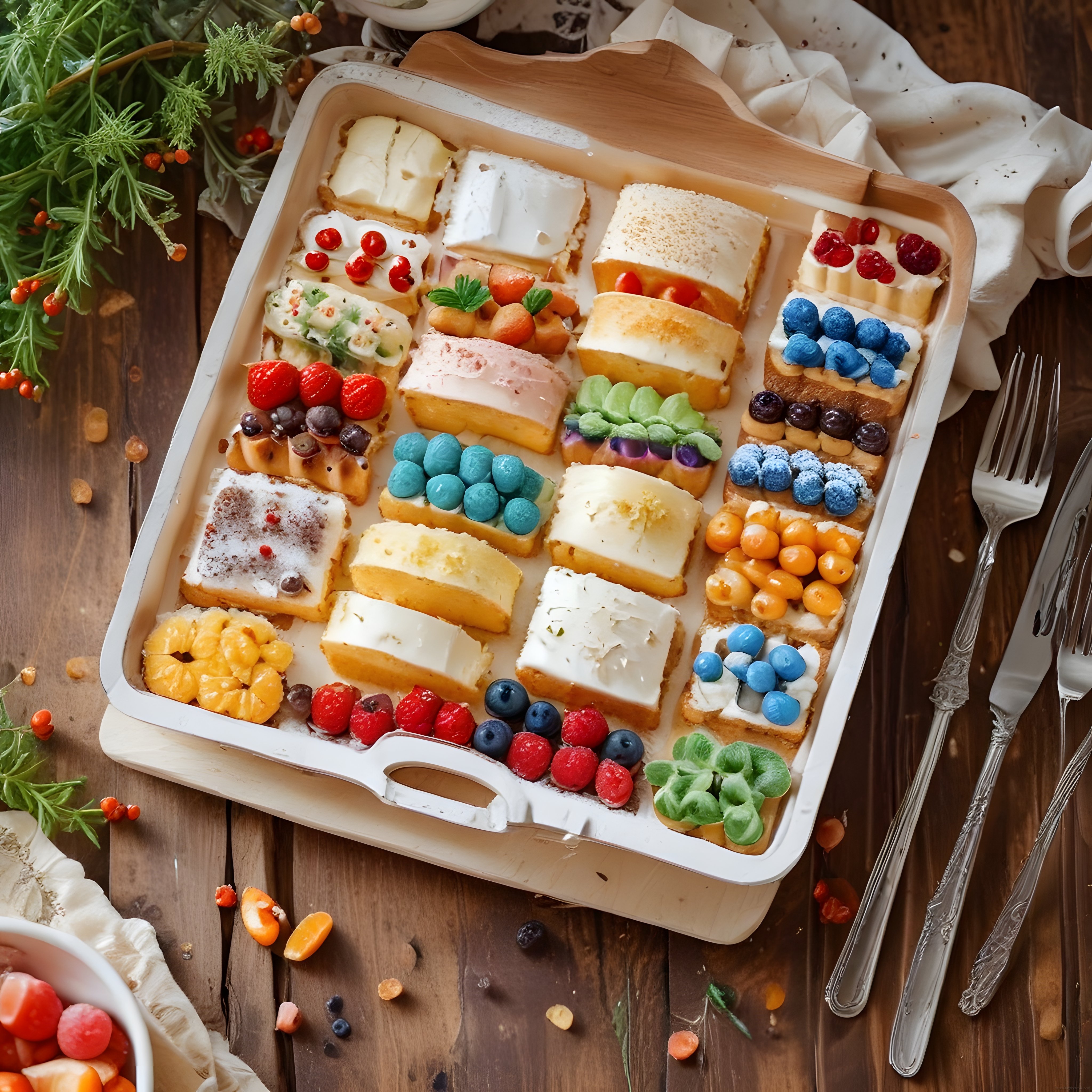 Meyveli Mini Pasta Dilimleri: Rustik Sunumlu Renkli Tatlı Tepsi