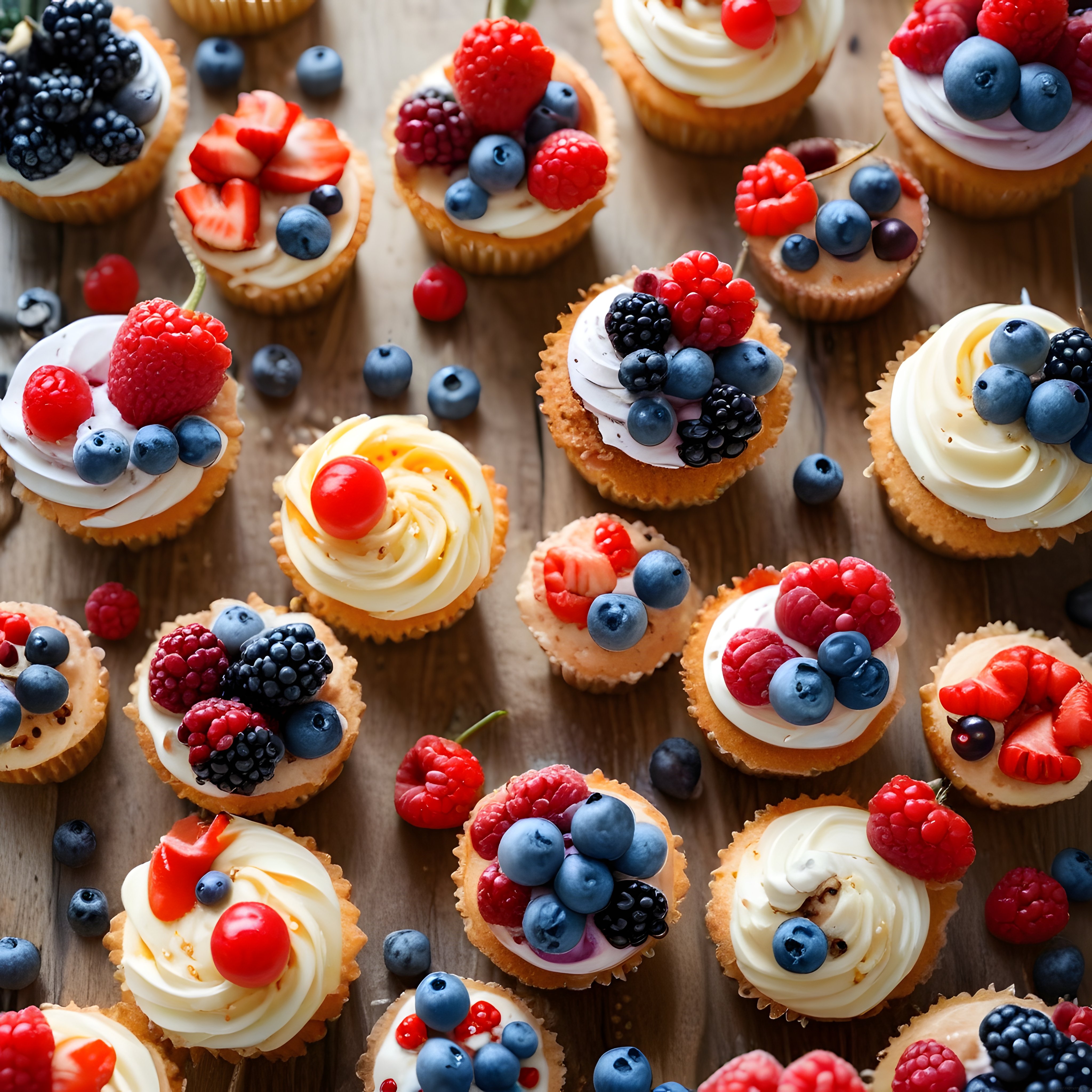 Meyveli Mini Tart ve Krema Süslemeli Tatlı Çeşitleri Ahşap Sunumda