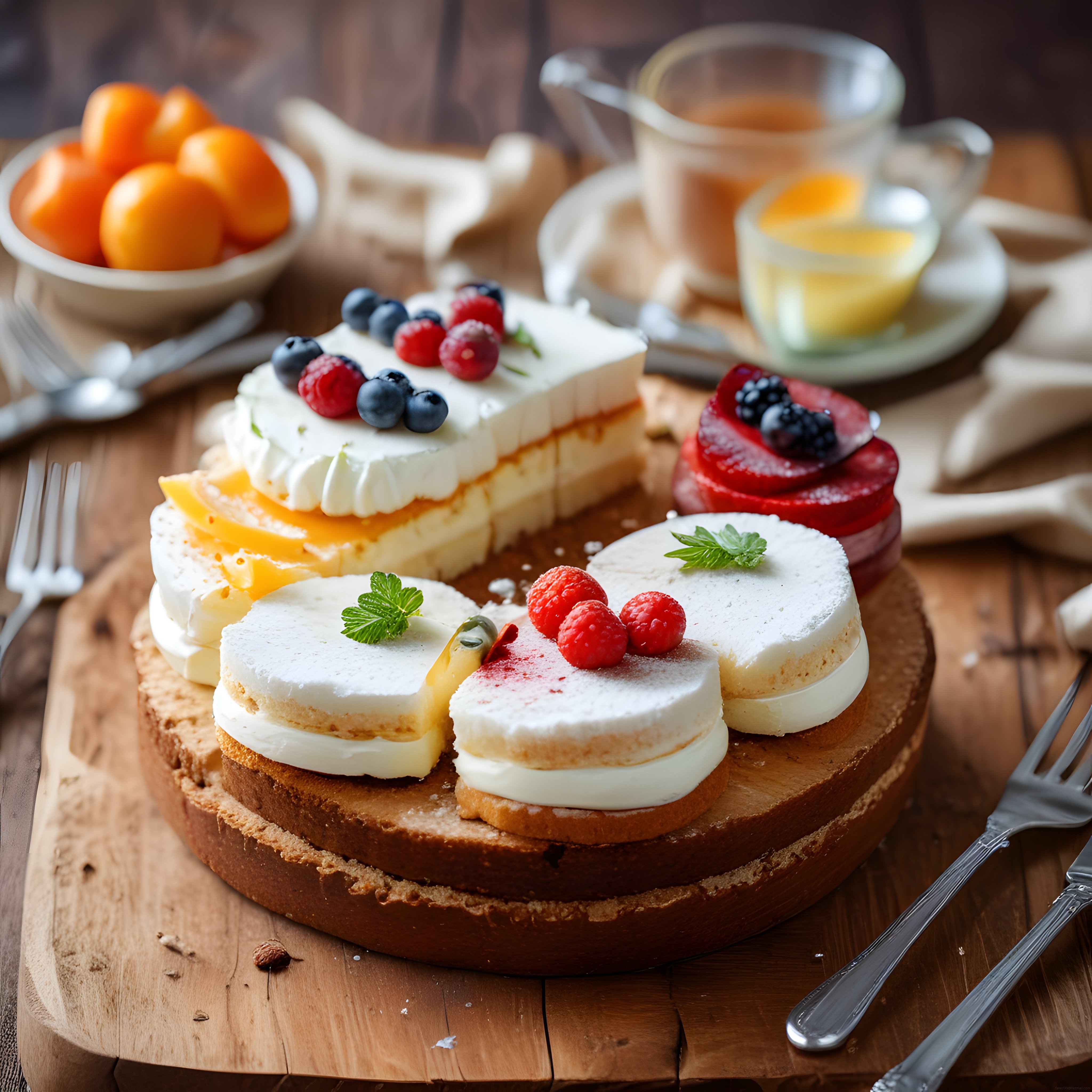 Meyveli Mini Tatlılar ve Cheesecake ile Rustik Ahşap Kahvaltı Masası