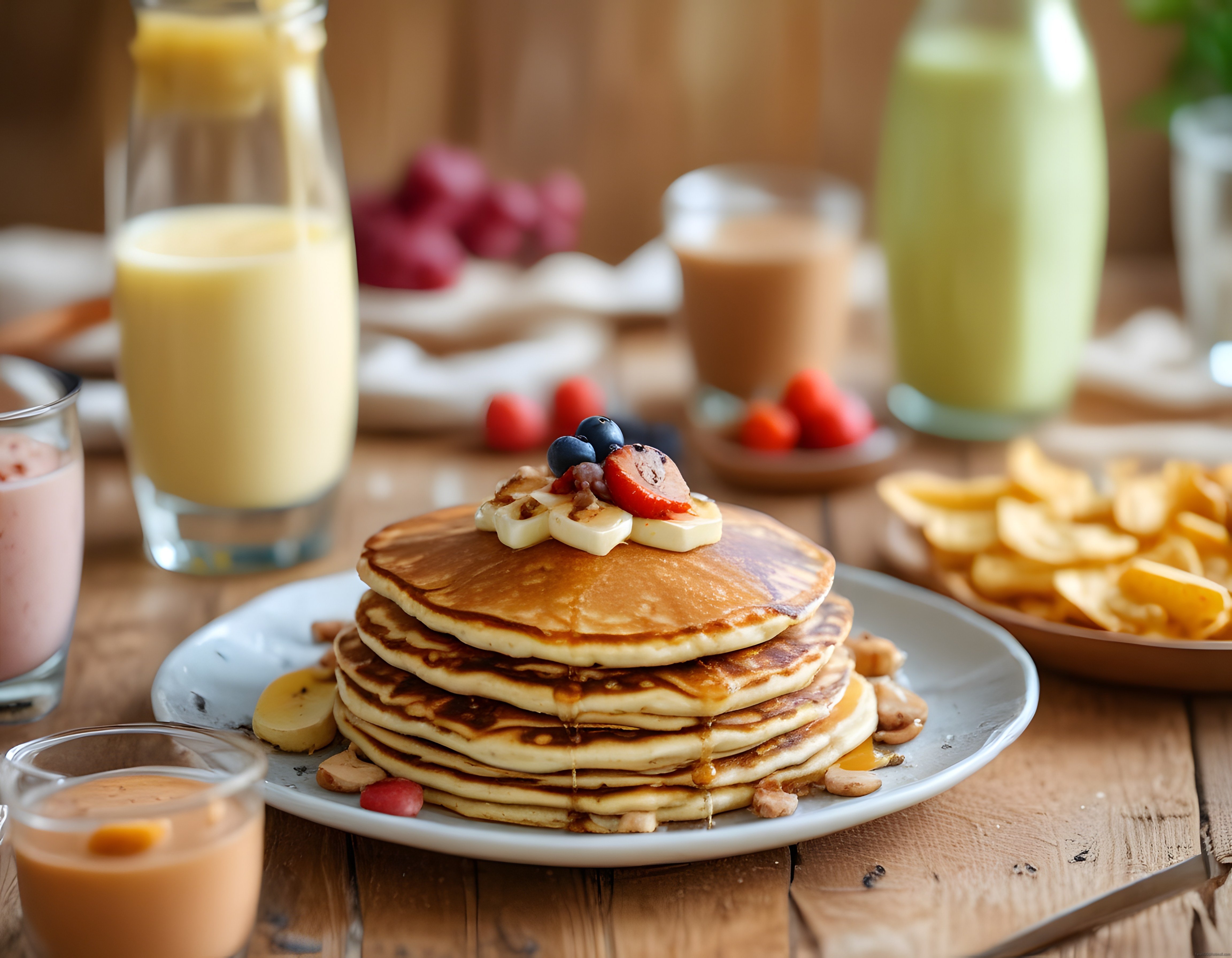 Meyveli pancake yığını ve renkli içeceklerle dolu rustik kahvaltı masası