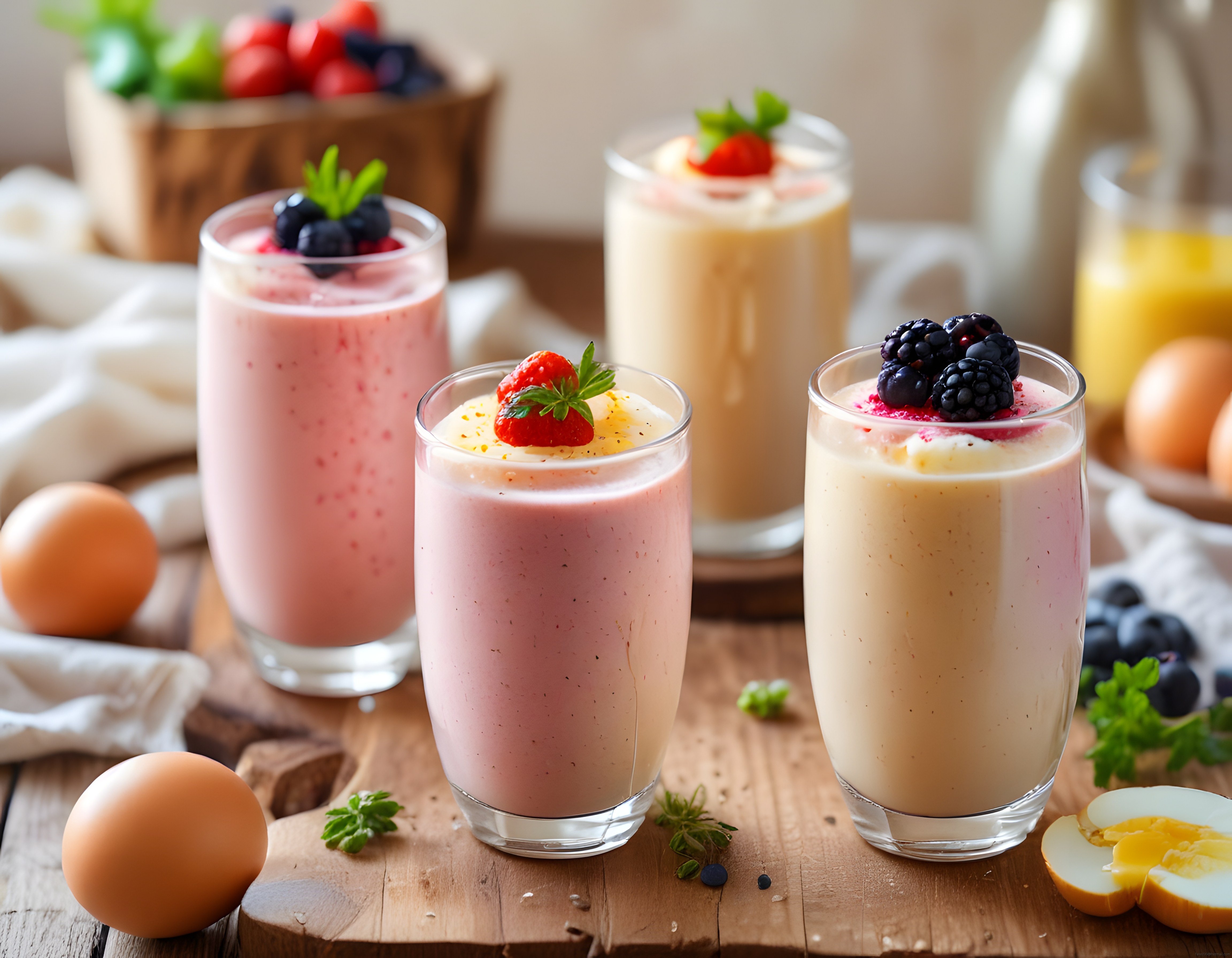 Meyveli Smoothie Bardakları ve Taze Malzemelerle Sağlıklı Kahvaltı Sunumu