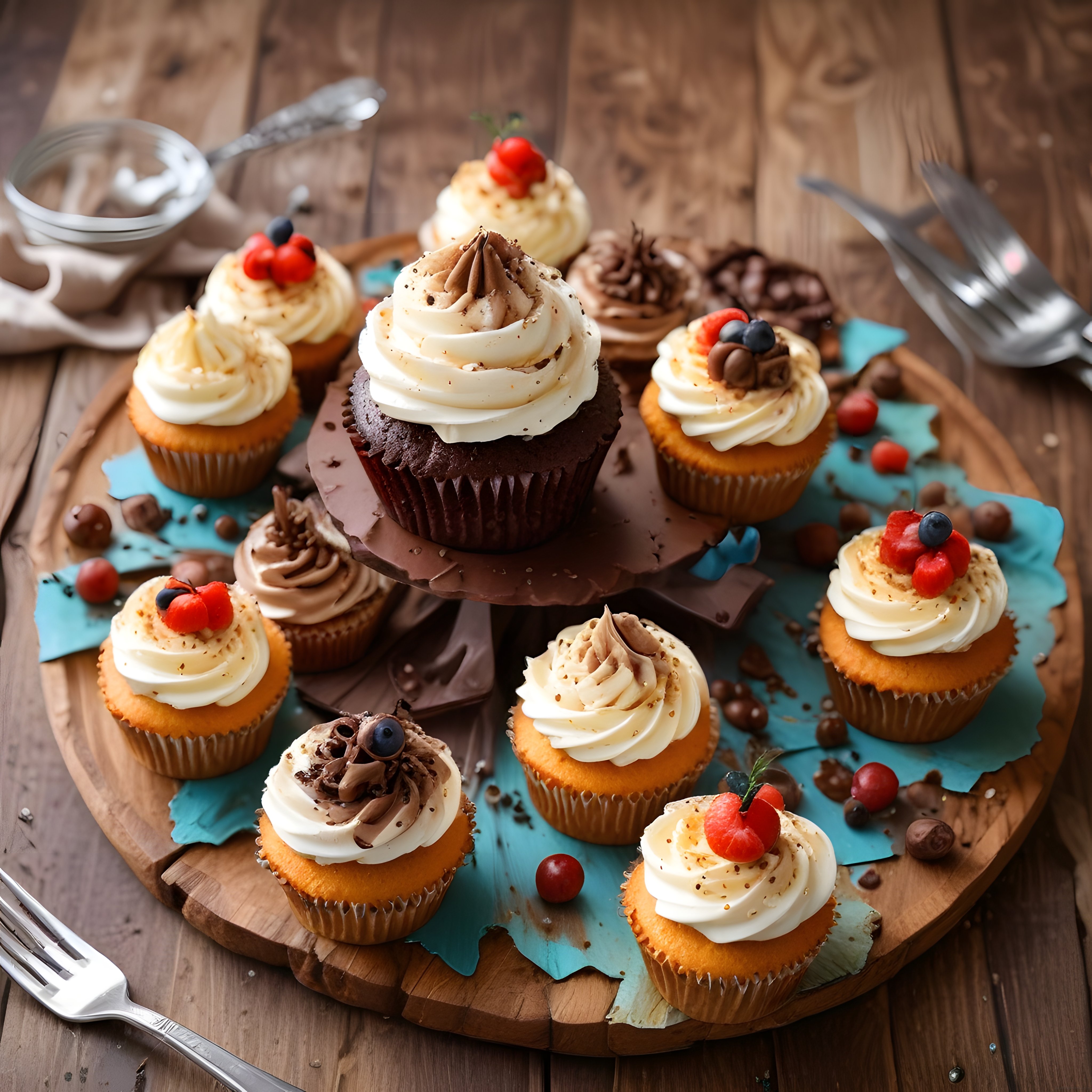 Meyveli ve Çikolatalı Cupcake'lerle Süslenmiş Nefis Tatlı Sunumu