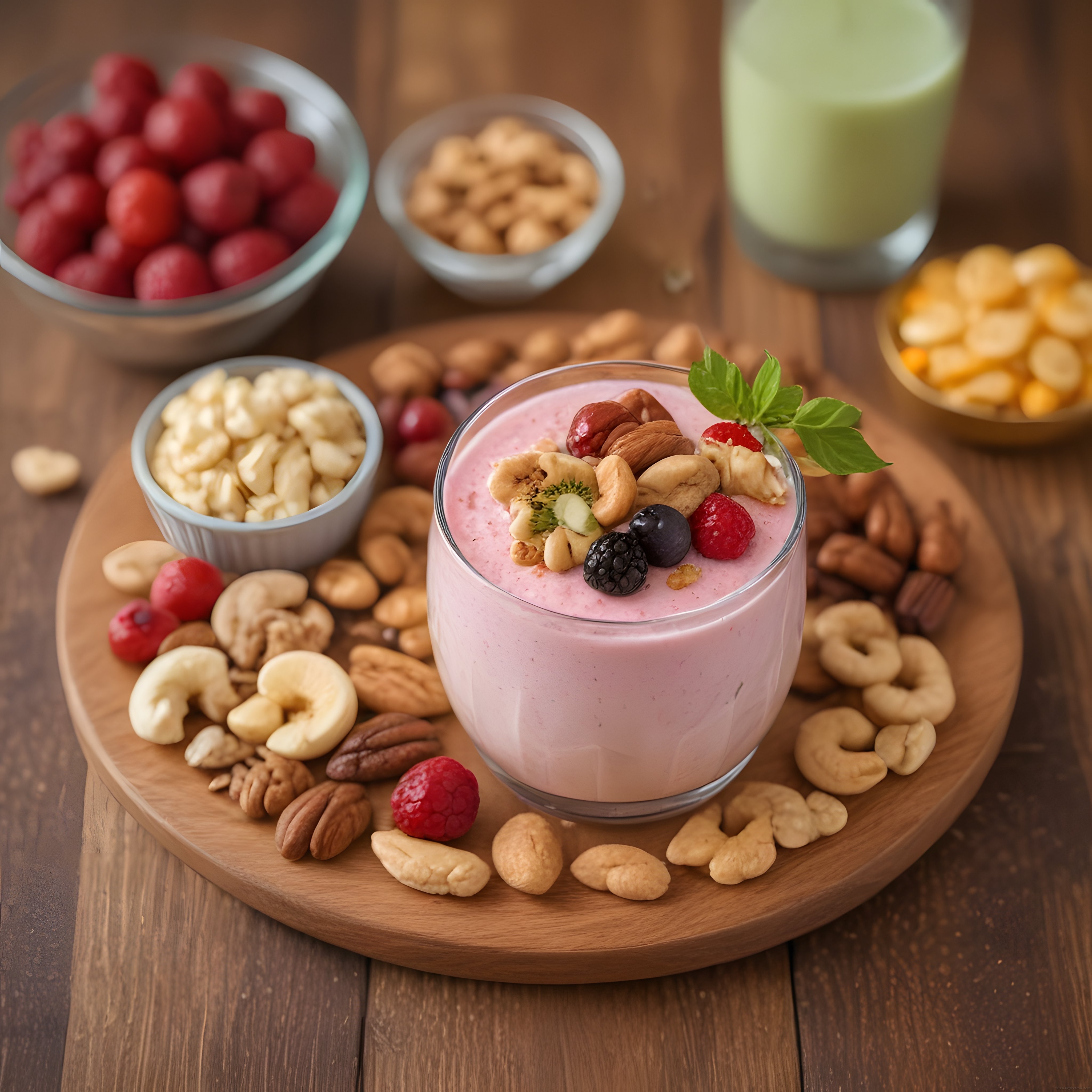 Meyveli ve Kuruyemişli Sağlıklı Smoothie Kasesi ile Renkli Kahvaltı Sunumu