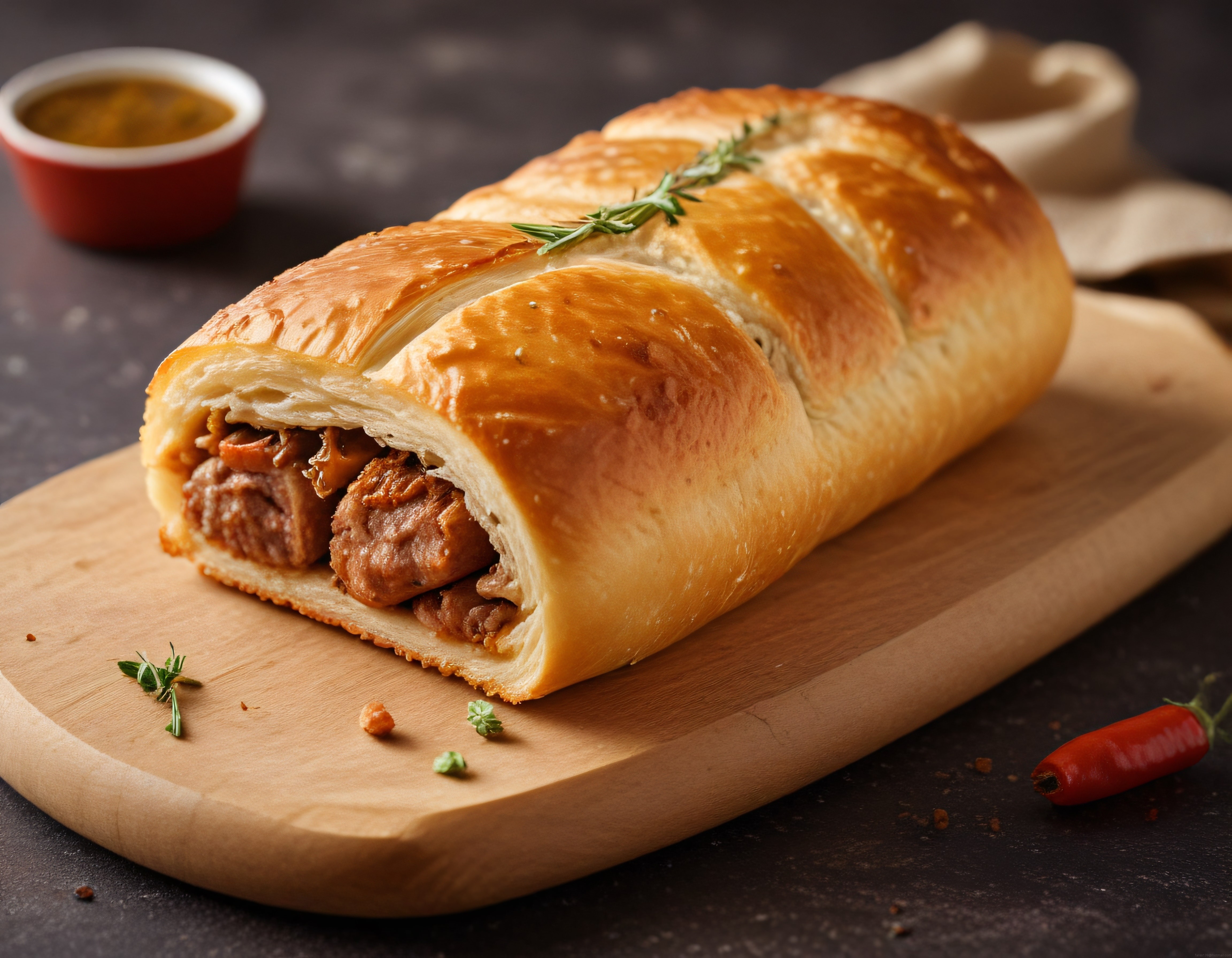 Milföy hamuruna sarılmış dana wellington, biberiye ve sos ile sunum