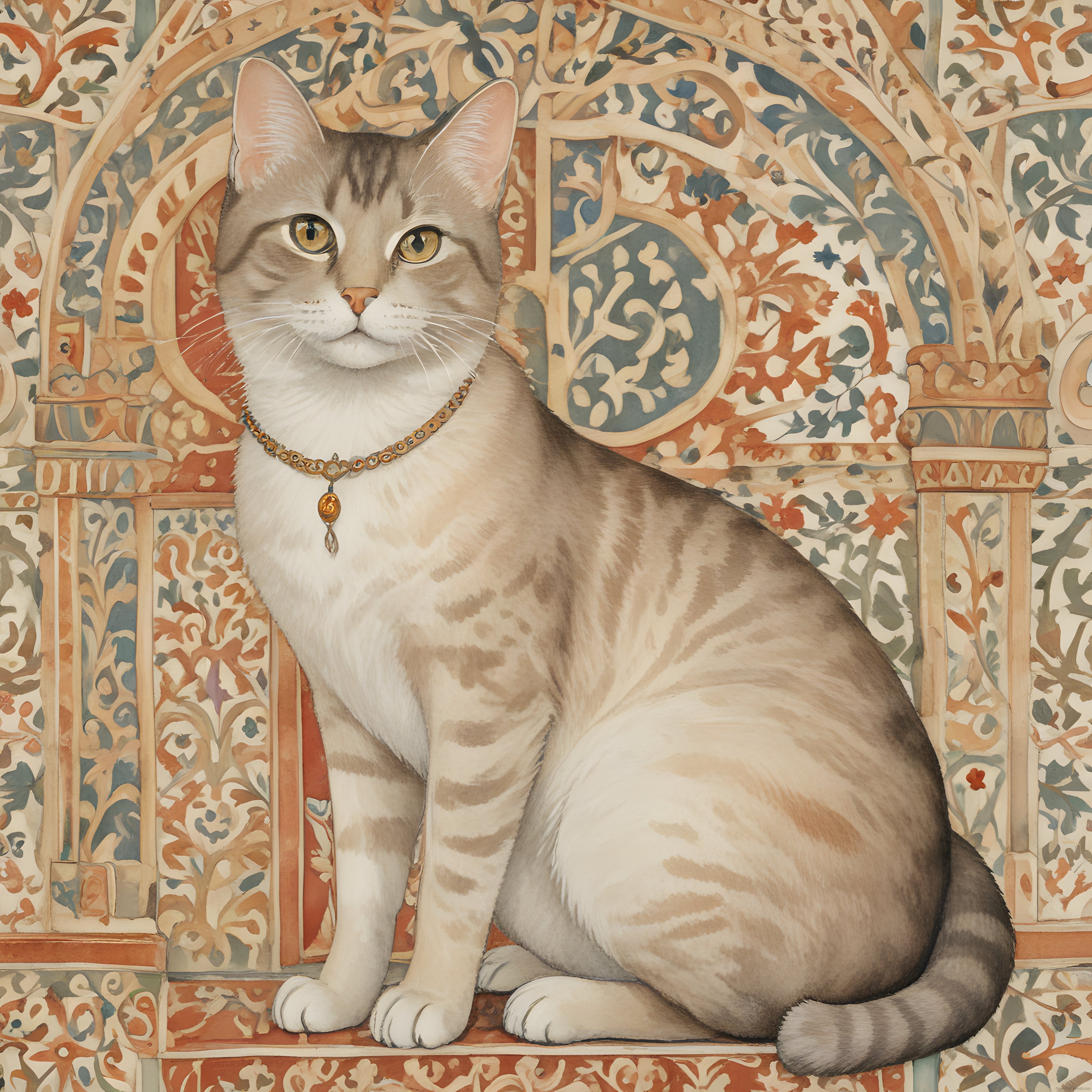 Mimari Oryantal Desenler Arasında Altın Kolyeli Asil Kedi Portresi