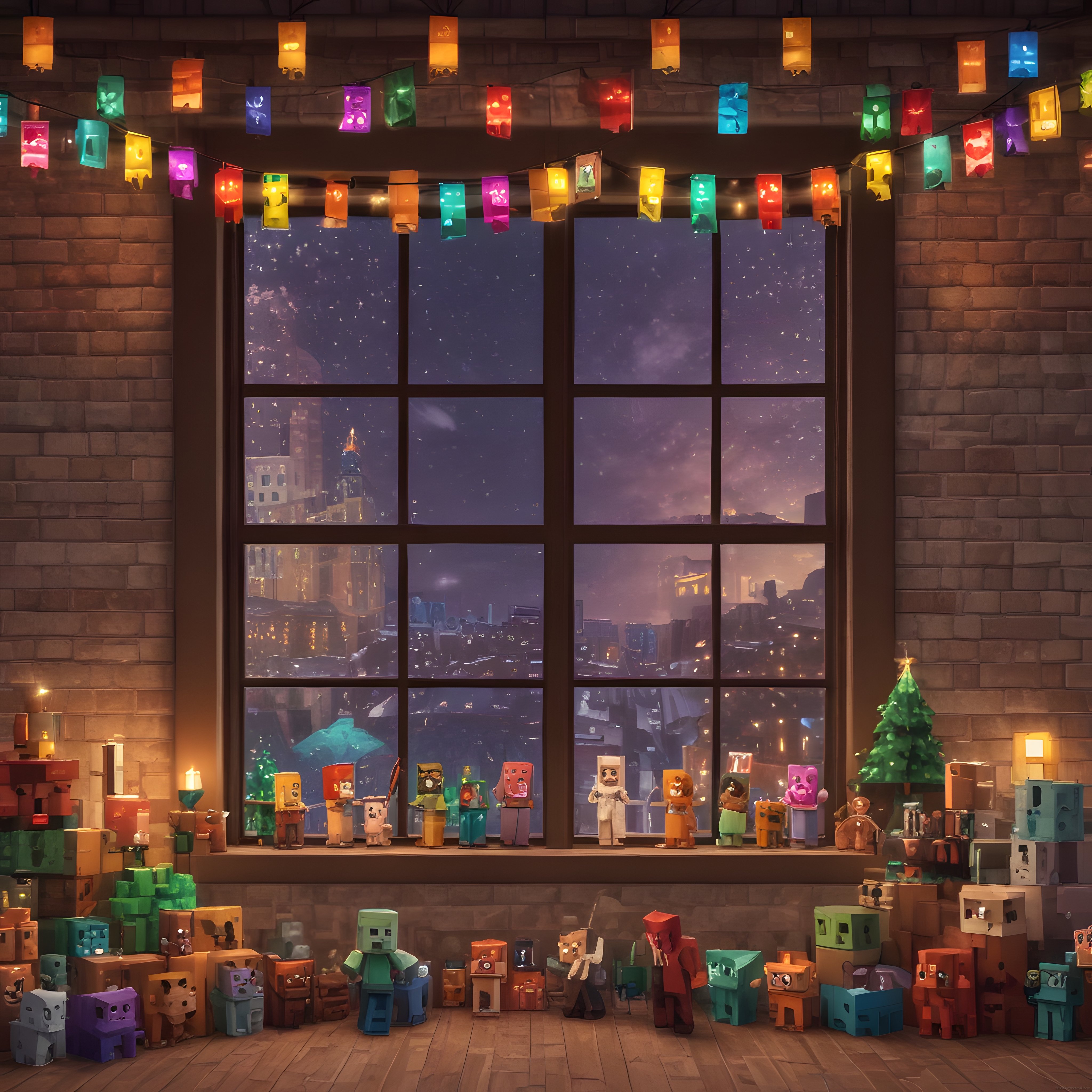 Minecraft Tarzı Bloklu Karakterlerle Sıcak Noel Temalı Oda ve Gece Manzarası