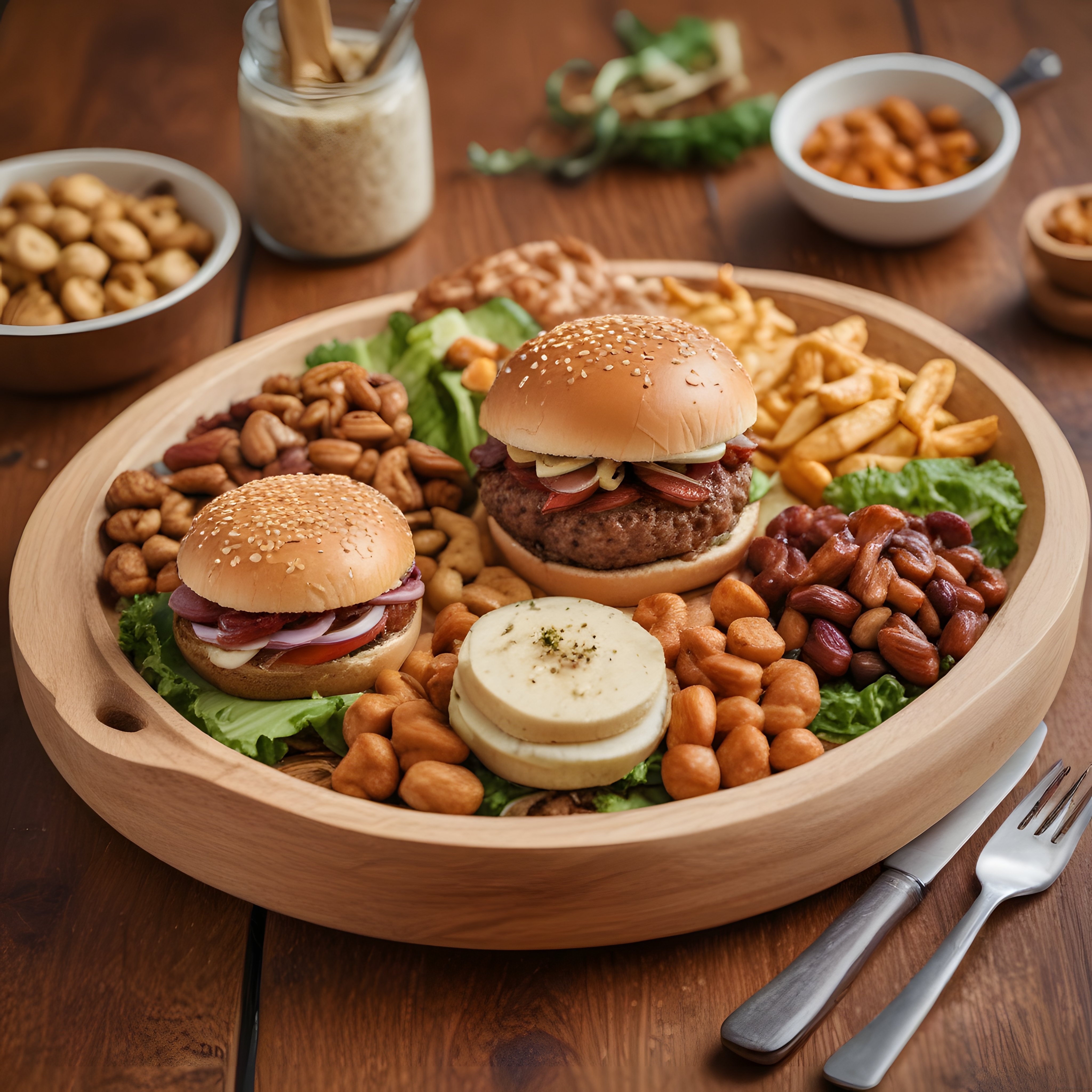 Mini burger ve çerez çeşitleriyle dolu ahşap atıştırmalık sunum tabağı