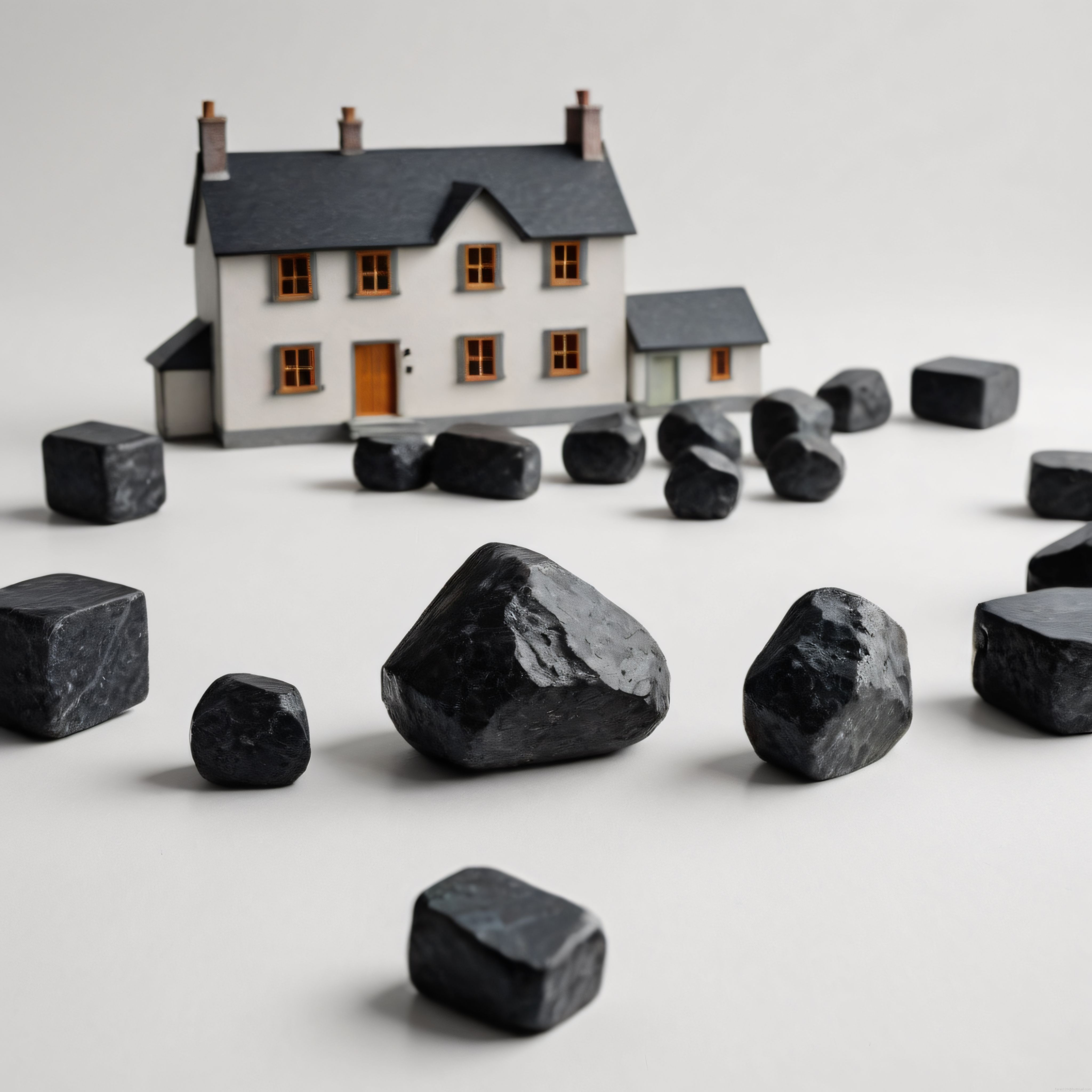 Miniatür Beyaz Ev ve Siyah Kayalarla Oluşturulmuş Minimalist Diorama