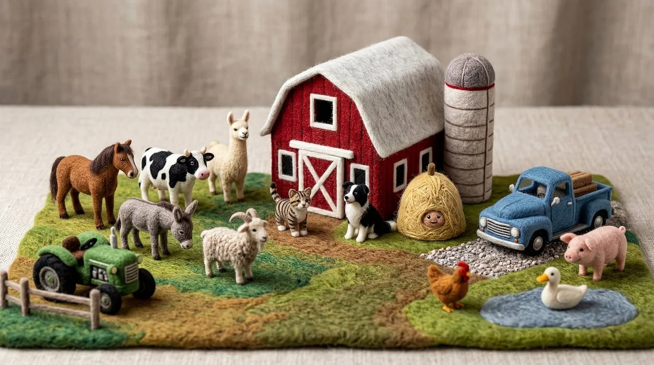 Miniatür çiftlik hayvanları dioraması - sevimli el işi Miniatür çiftlik hayvanları dioraması - sevimli el işi