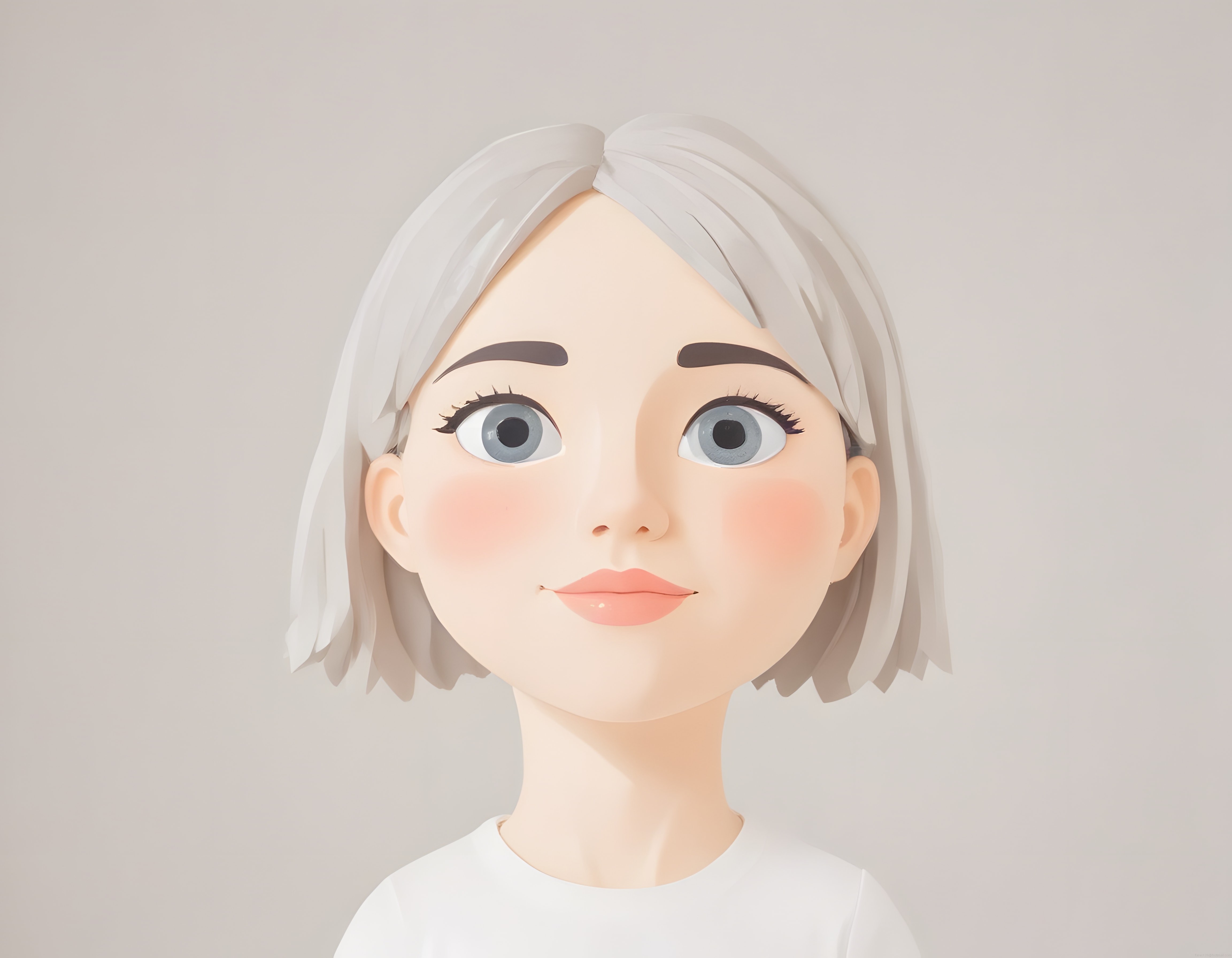 Minimal 3D render gri saçlı genç kadın portresi ve dijital karakter