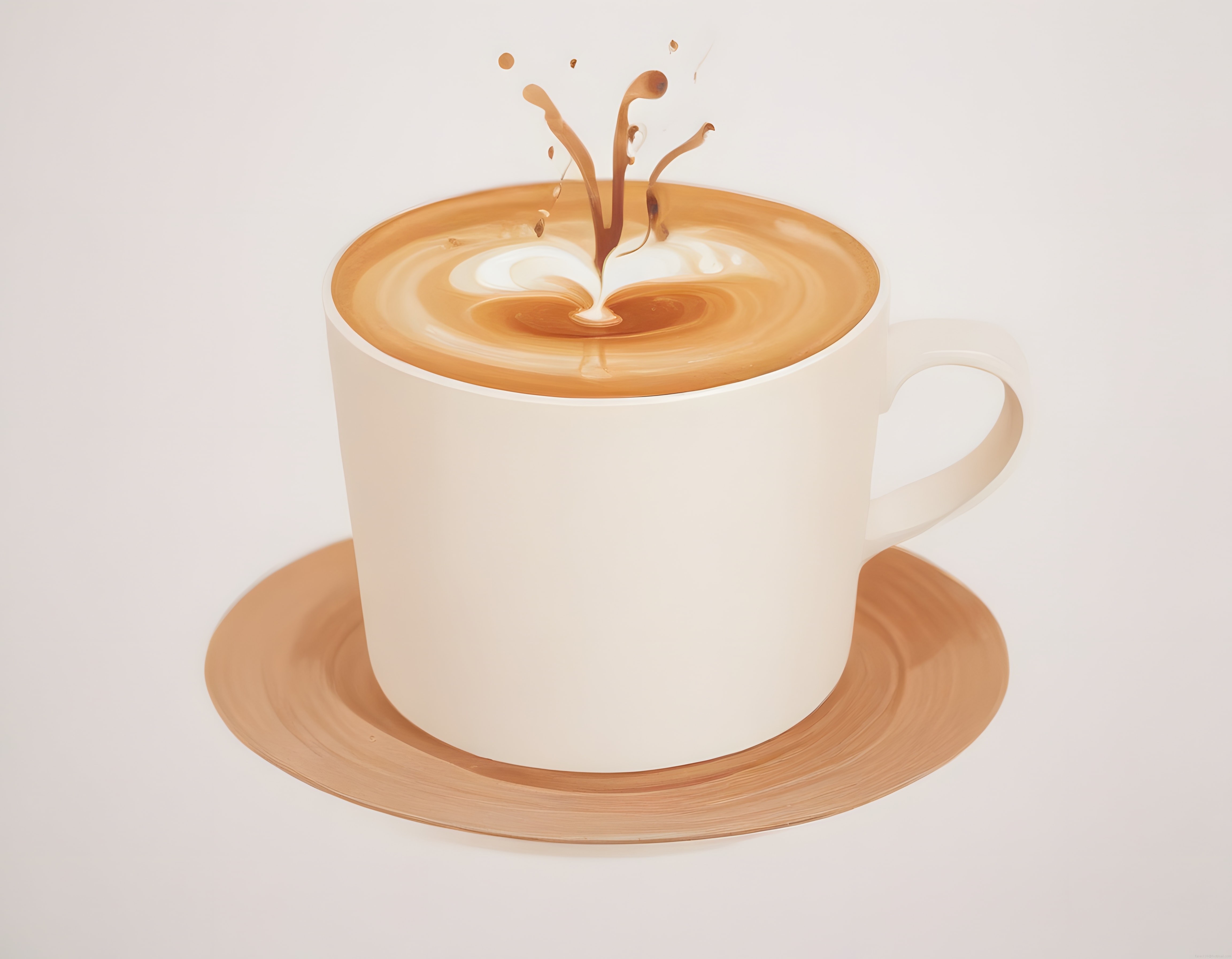 Minimal Arka Planda Beyaz Fincanda Kalp Şeklinde Latte Art ve Kahve Sıçraması