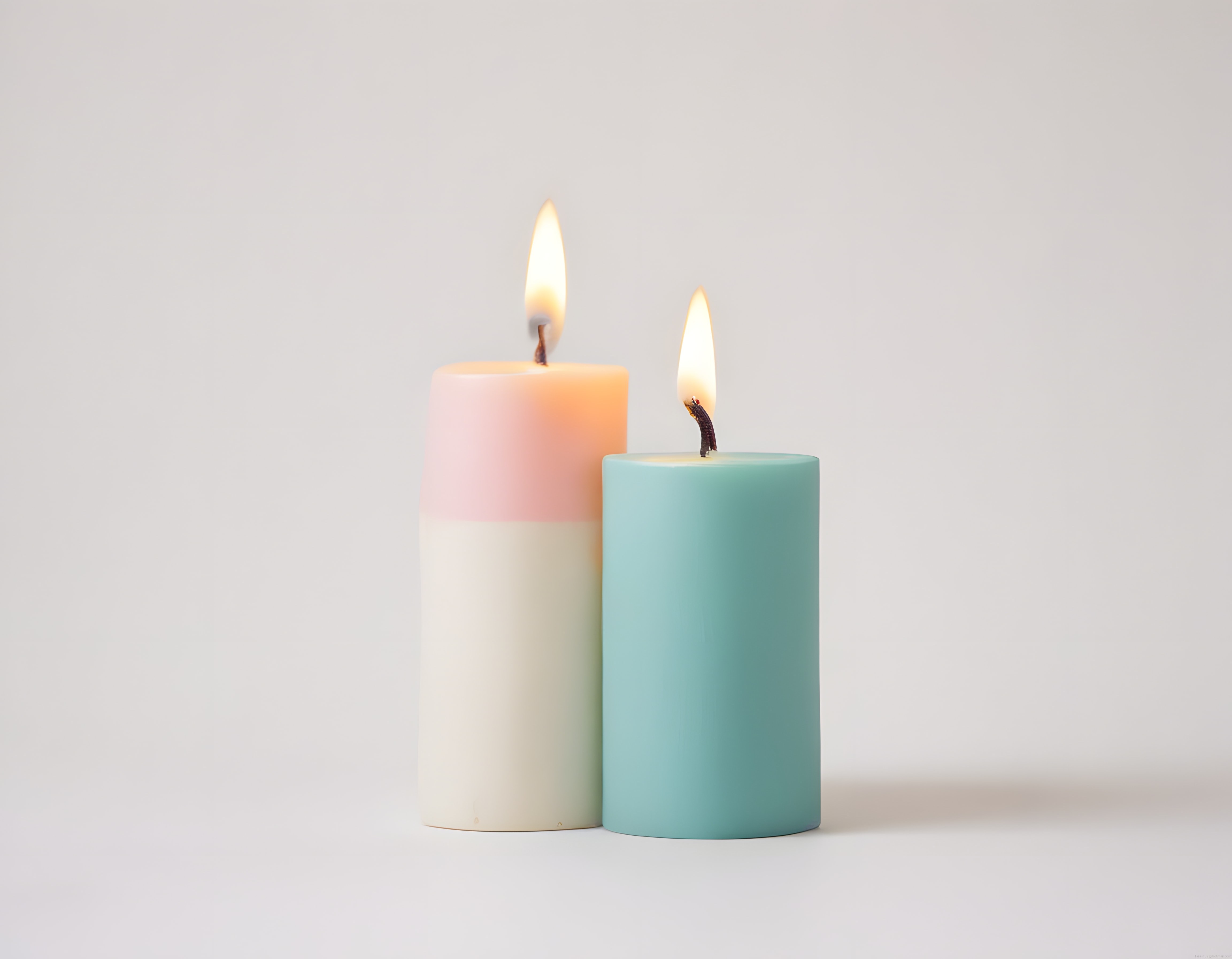 Minimal Arka Planda Pastel Renkli İki Adet Yanan Dekoratif Silindir Mum