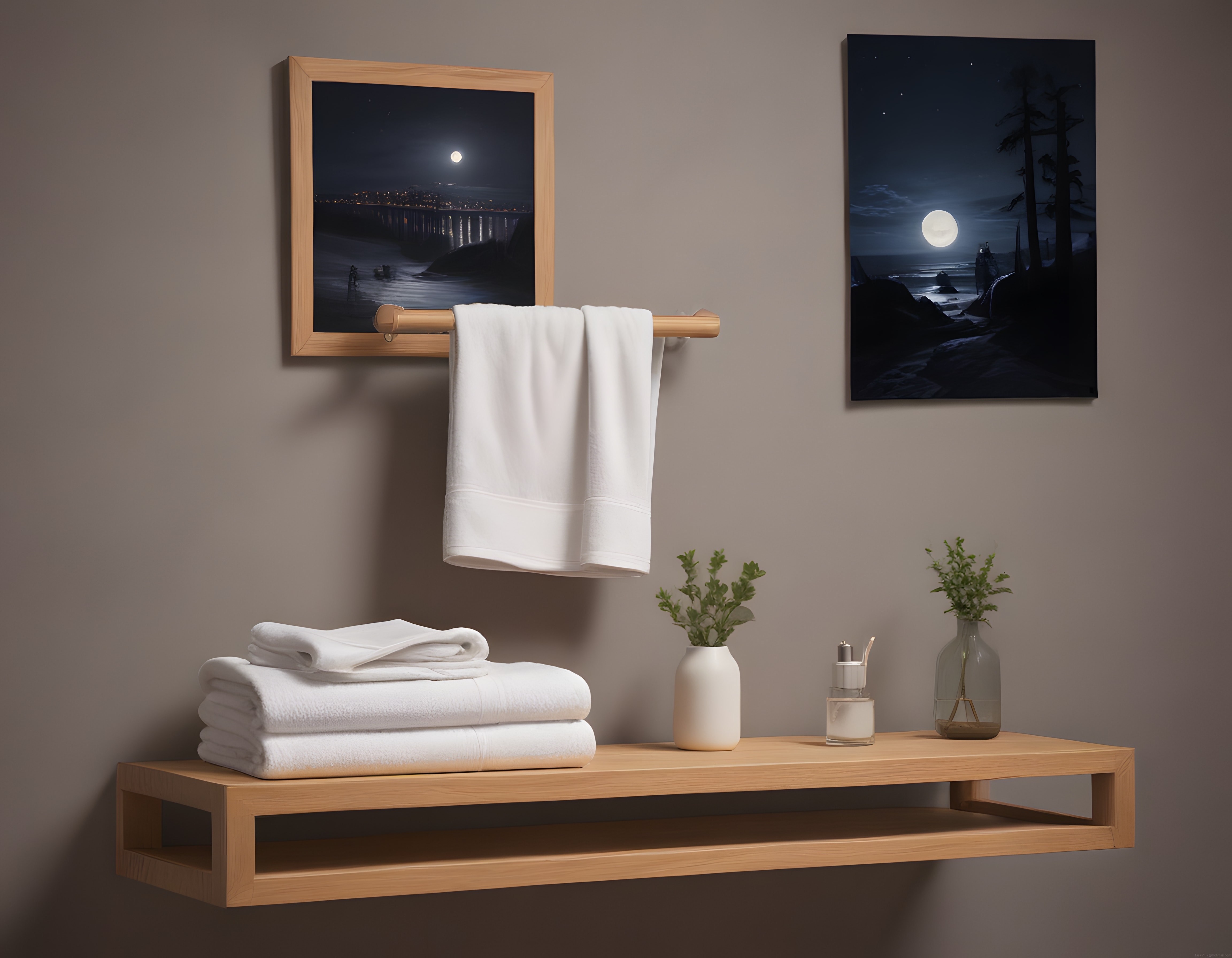 Minimal Banyo Dekorasyonu: Ahşap Raf, Beyaz Havlular ve Duvar Tabloları