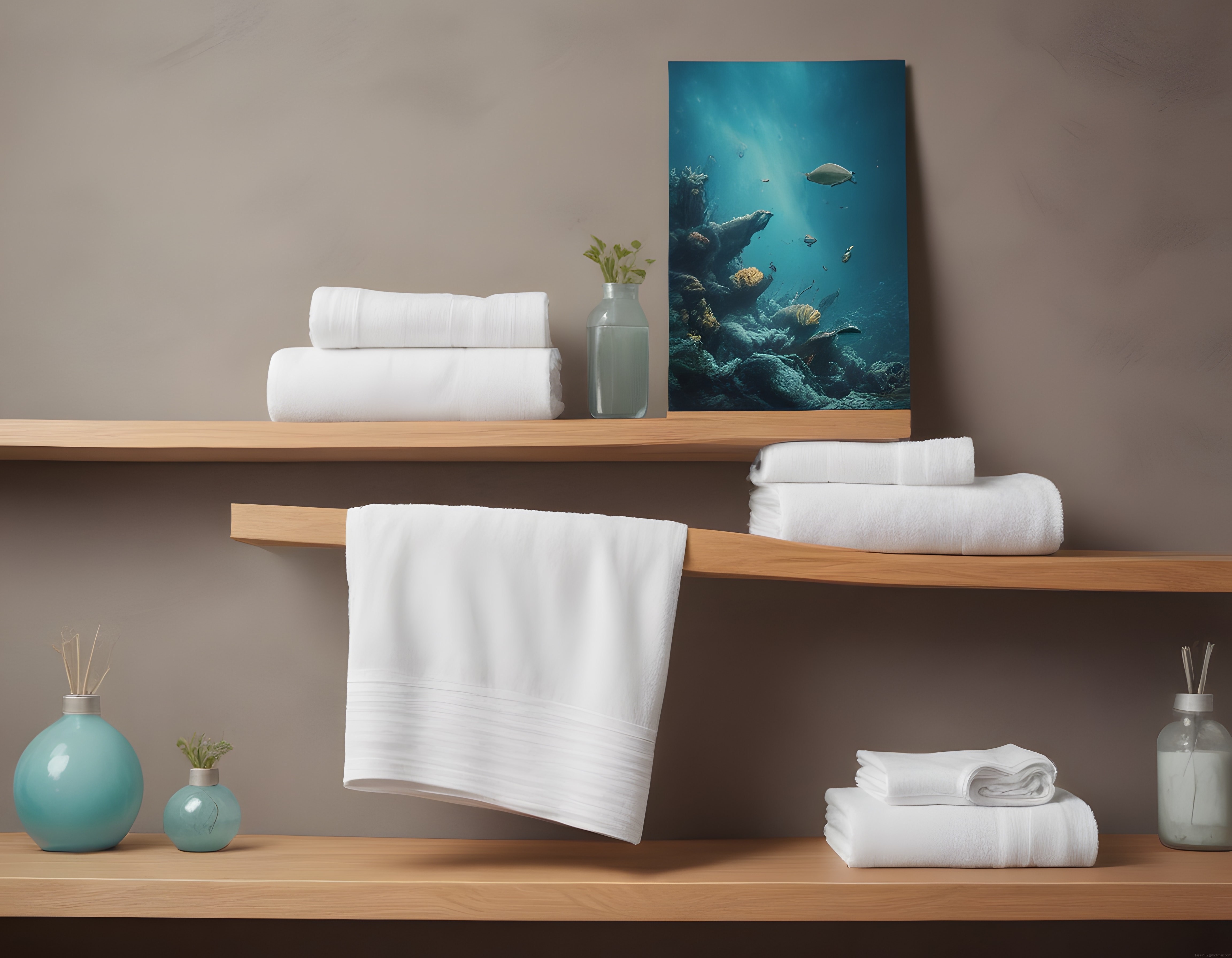 Minimal Banyo Dekorasyonunda Beyaz Havlular ve Su Altı Tablosuyla Ferahlık