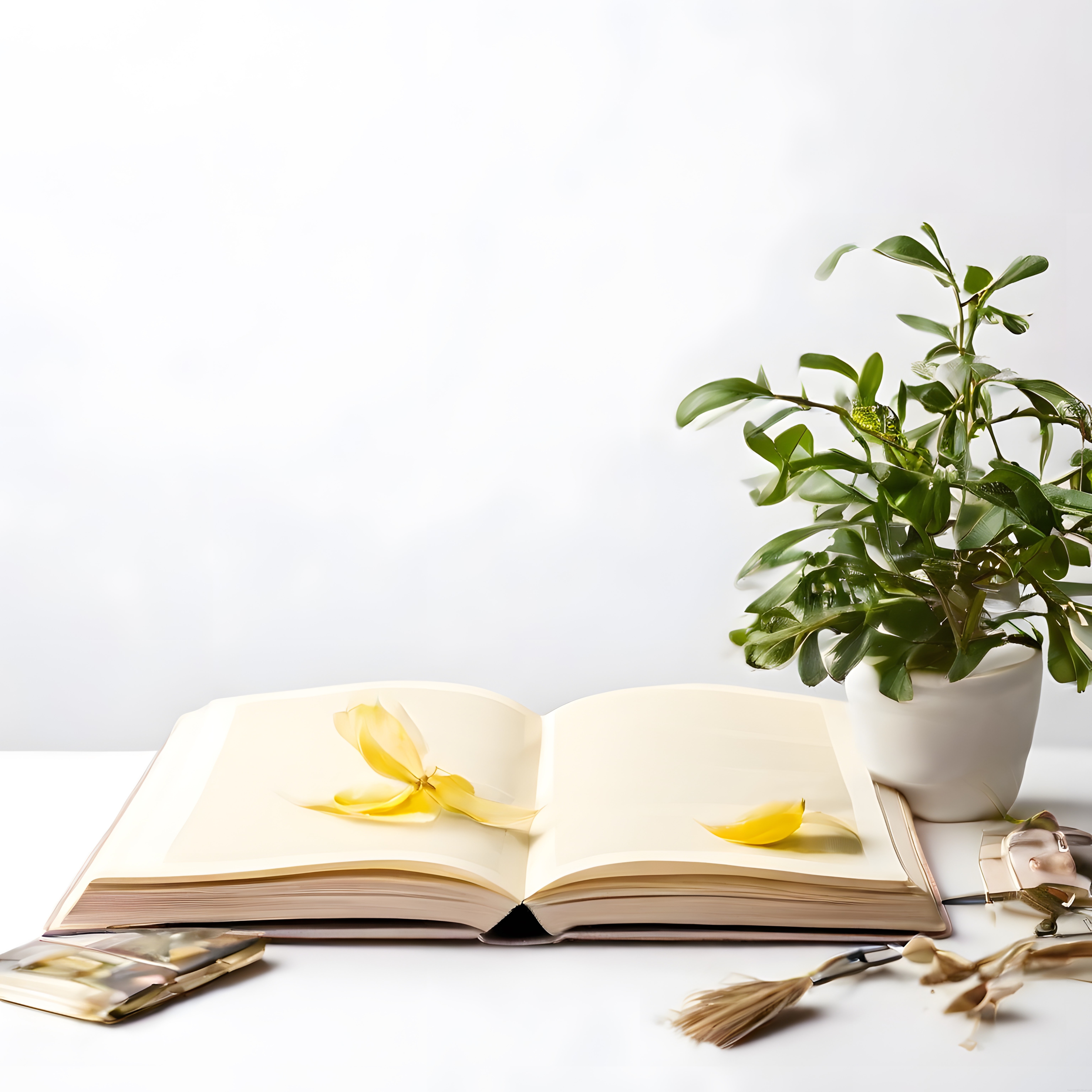 Minimal Beyaz Arka Planda Açık Kitap, Sarı Çiçek ve Saksı Bitkisi ile Sade Dekor