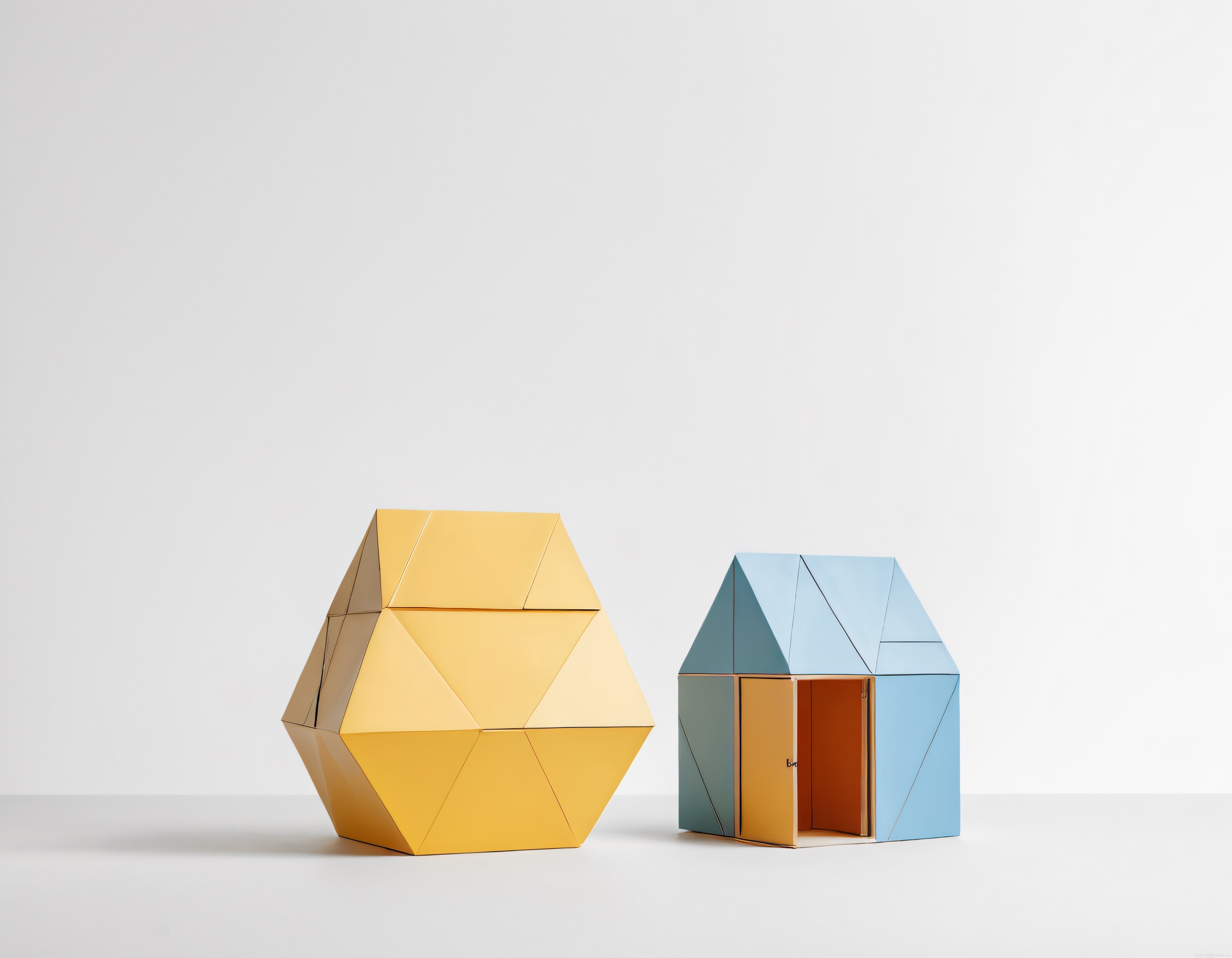 Minimal Beyaz Arka Planda Geometrik Mavi Karton Ev ve Sarı Fasetli Küre