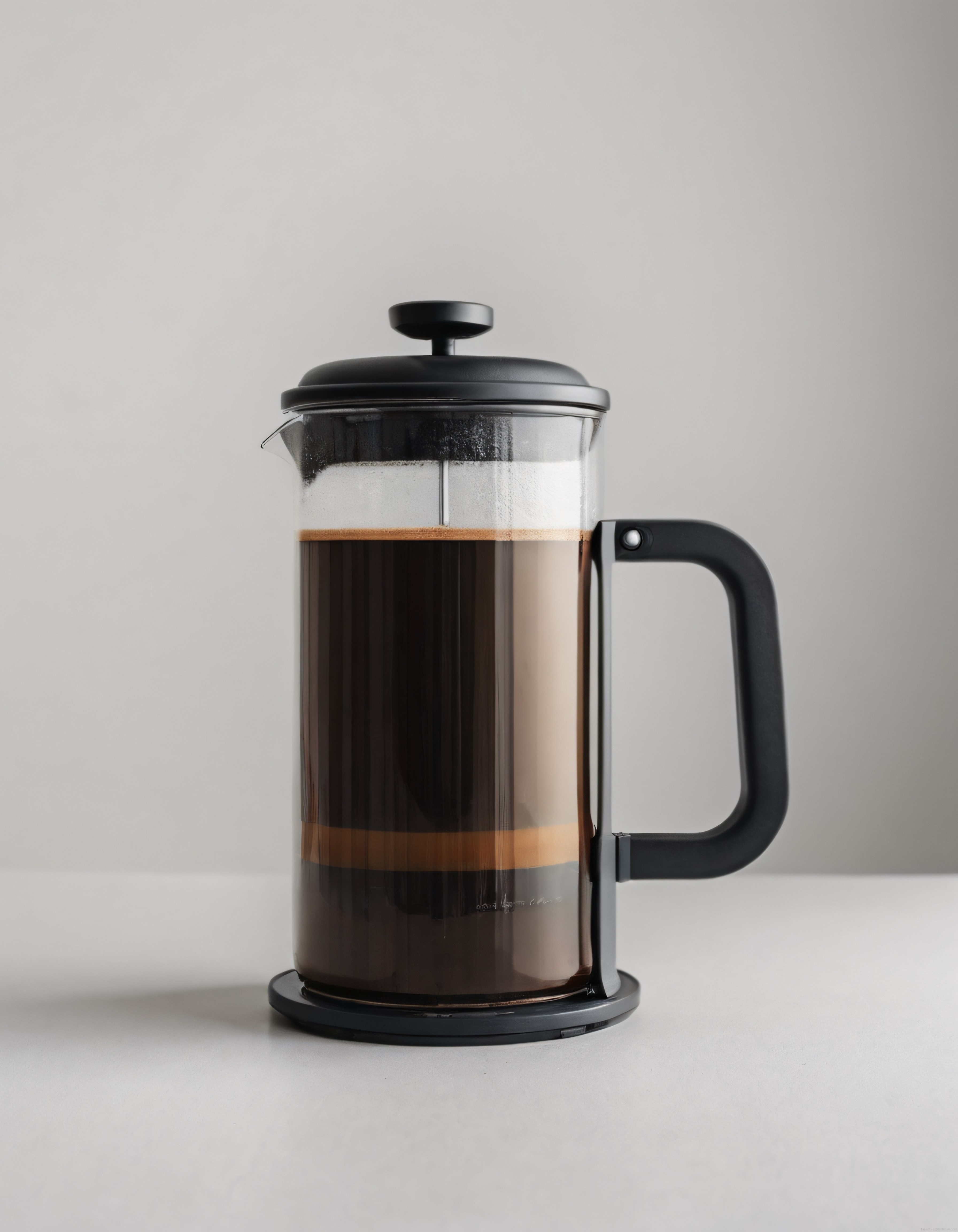 Minimal beyaz arka planda siyah french press ile taze demlenmiş kahve görseli