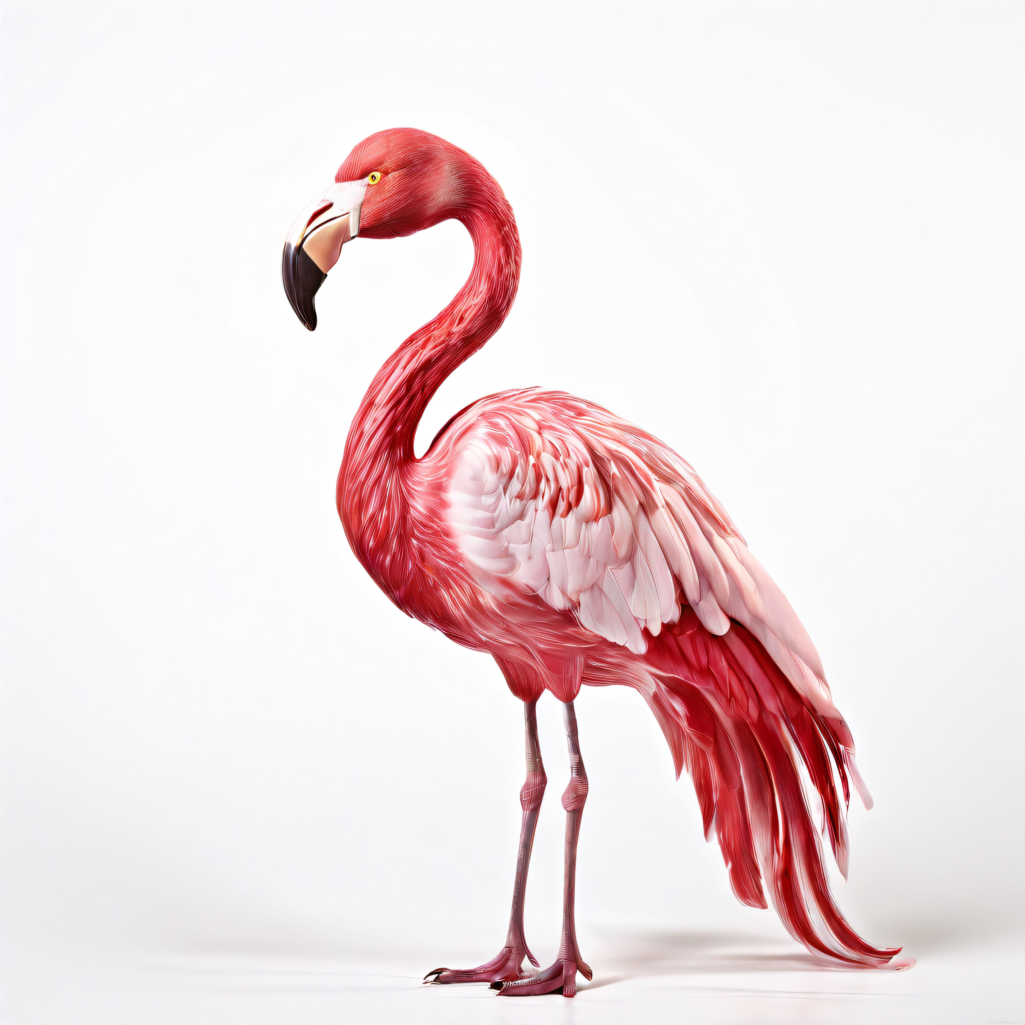 Minimal Beyaz Arka Planda Zarif Pembe Flamingo Portresi ve Tüy Detayları
