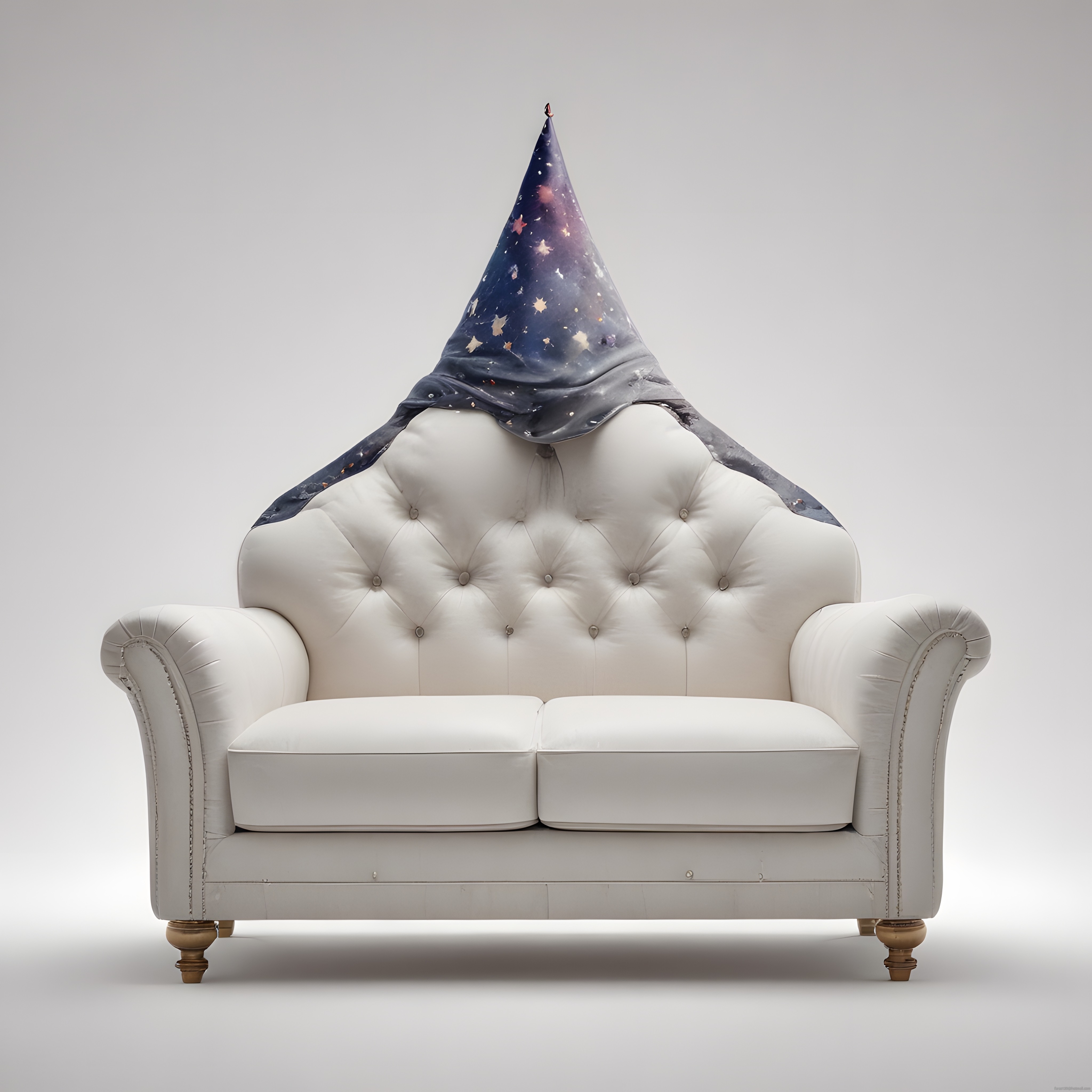 Minimal Beyaz Chesterfield Koltuk ve Galaksi Desenli Sihirbaz Şapkası Tasarımı