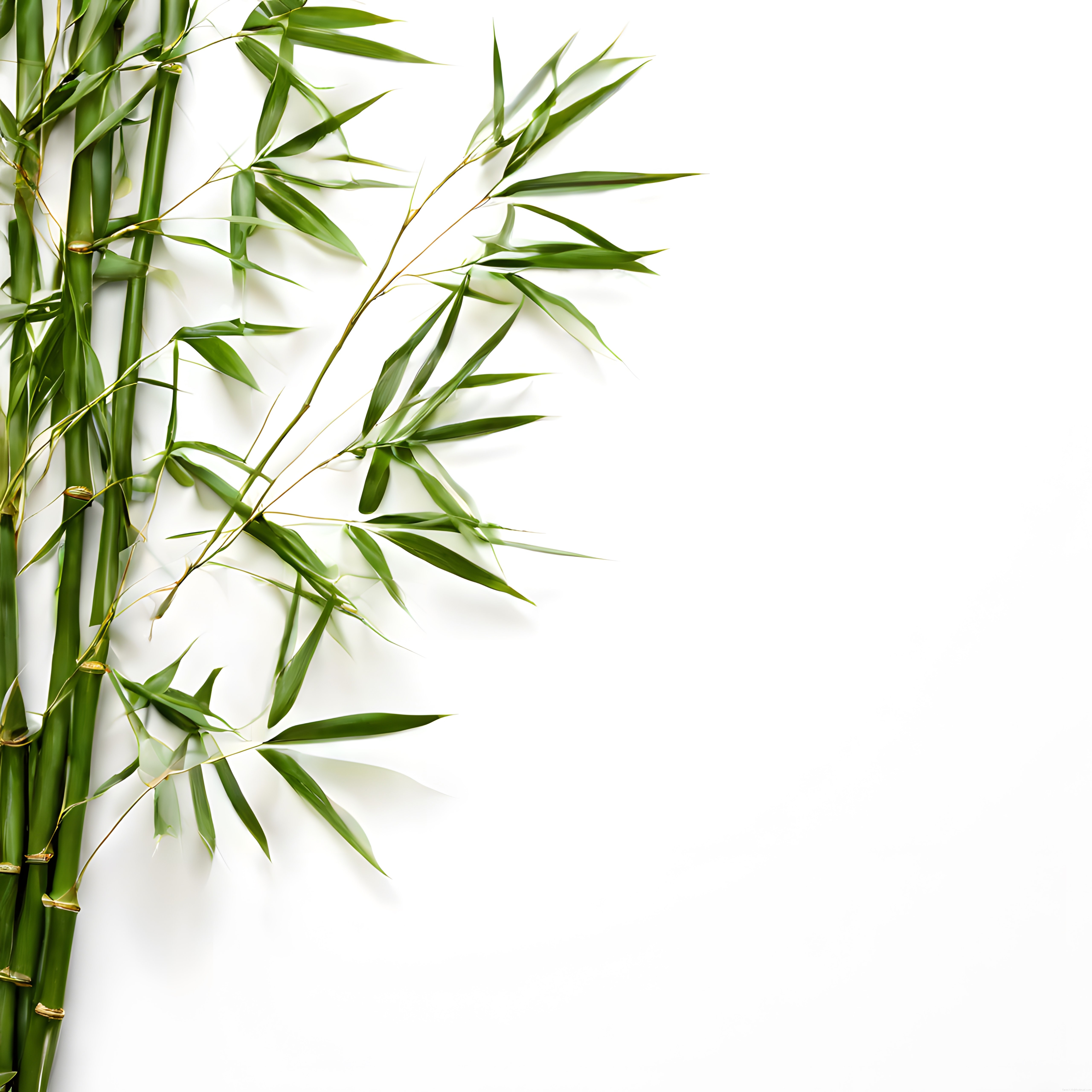 Minimal Beyaz Fon Üzerinde Canlı Yeşil Bambu Bitkisi ve Uzun Yaprakları