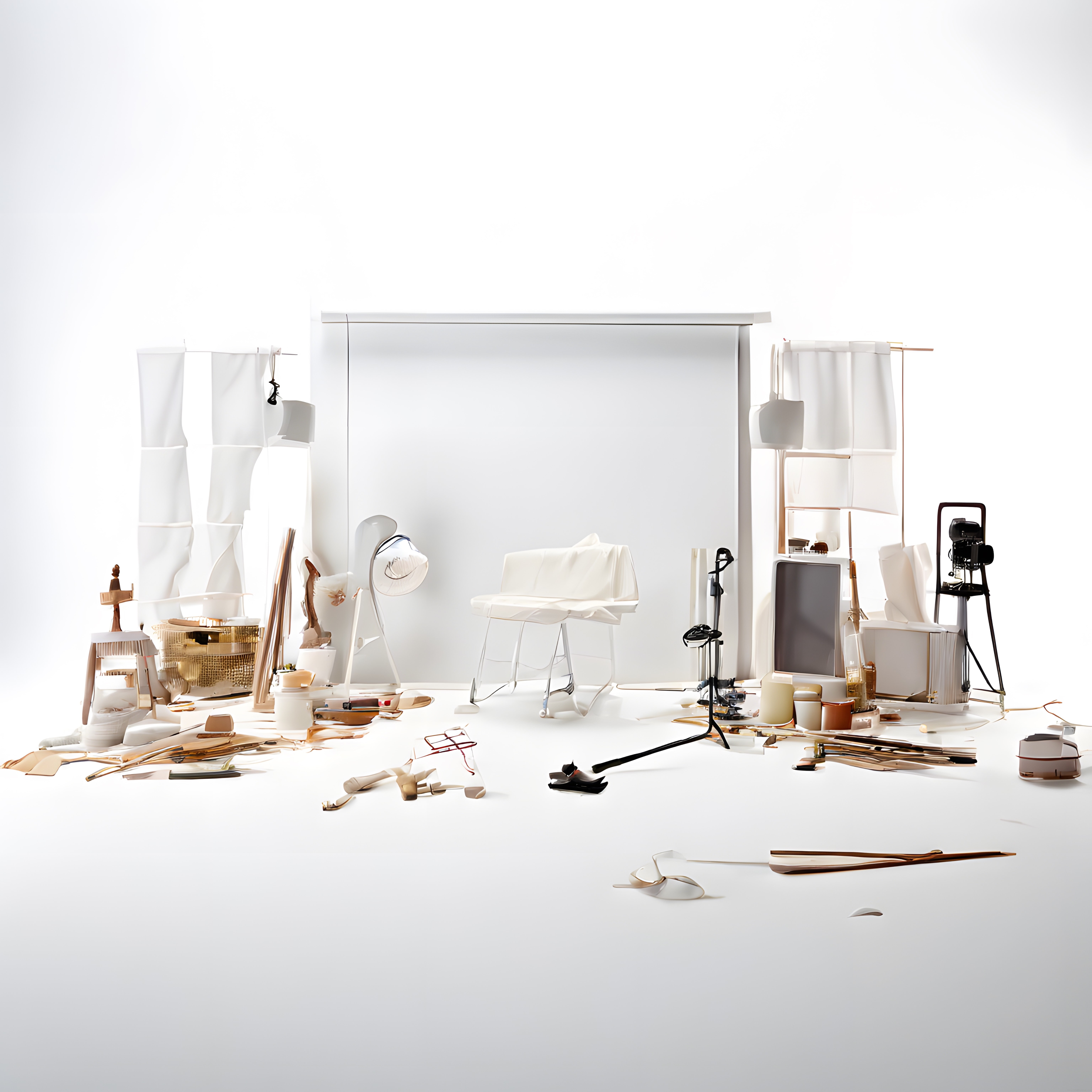 minimal beyaz fotoğraf stüdyosu set düzeni ve profesyonel çekim ekipmanları