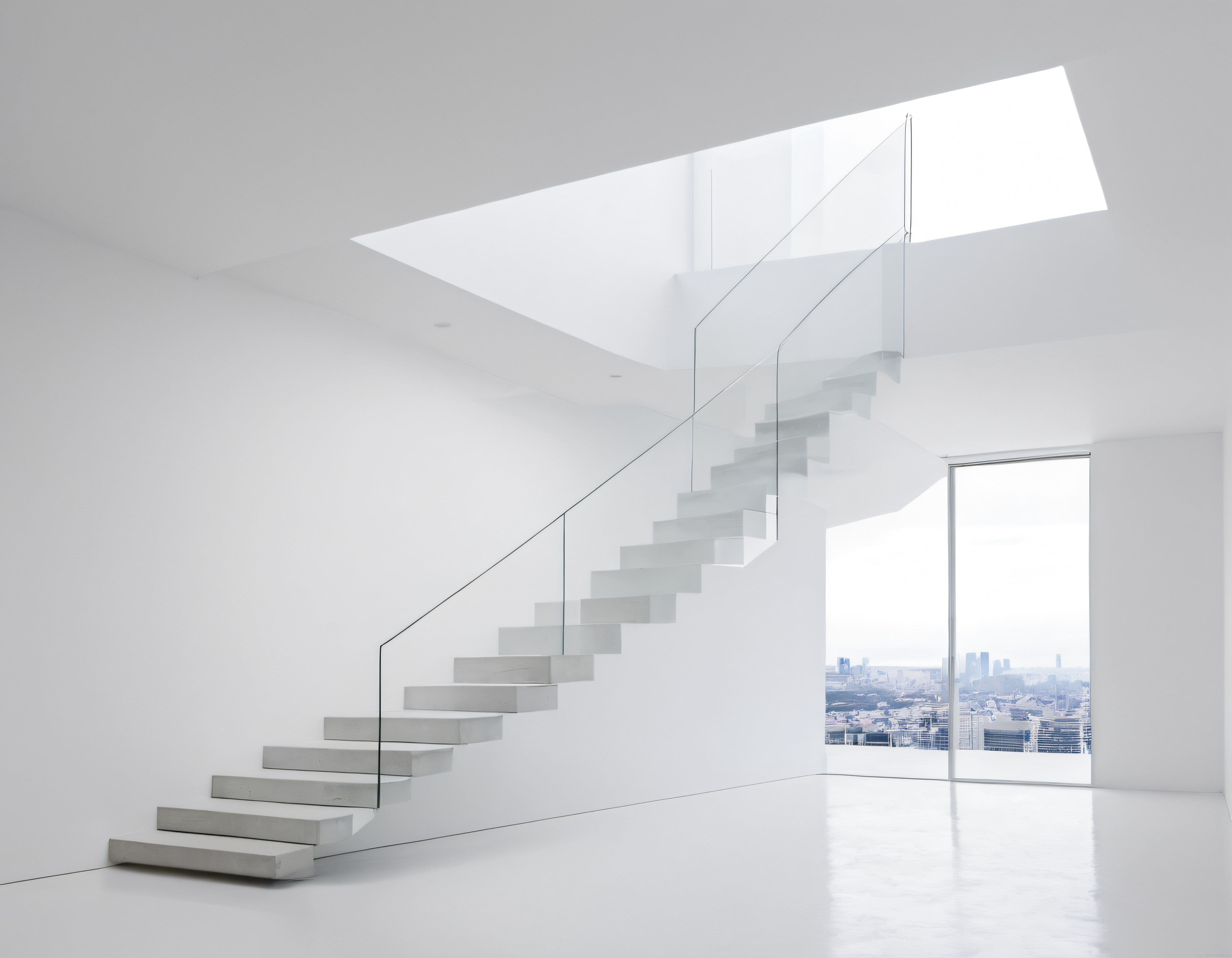 Minimal Beyaz İç Mekanda Cam Korkuluklu Modern Asılı Merdiven Tasarımı