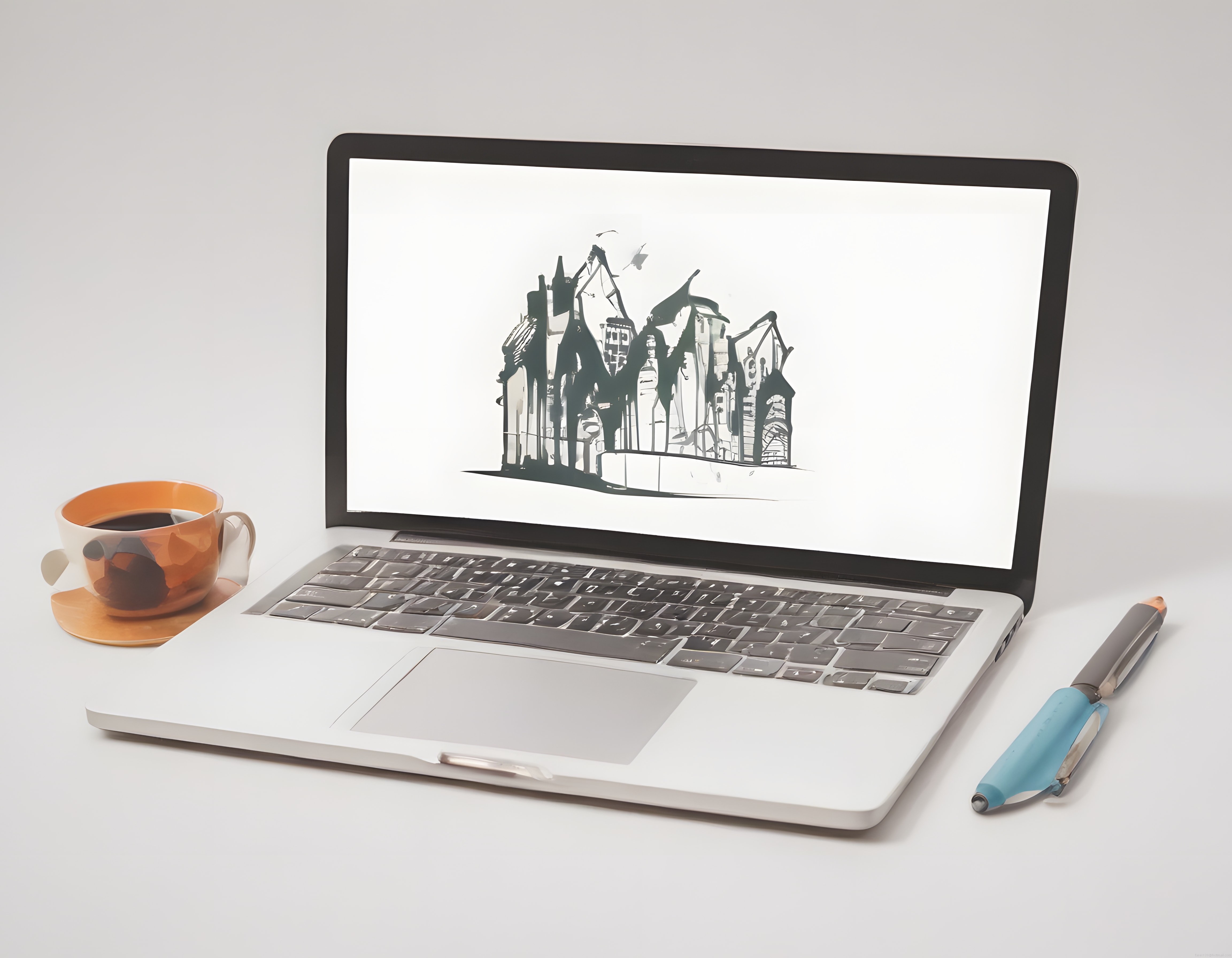 Minimal beyaz masada laptop, kahve fincanı ve mimari eskiz ekran atmosferi