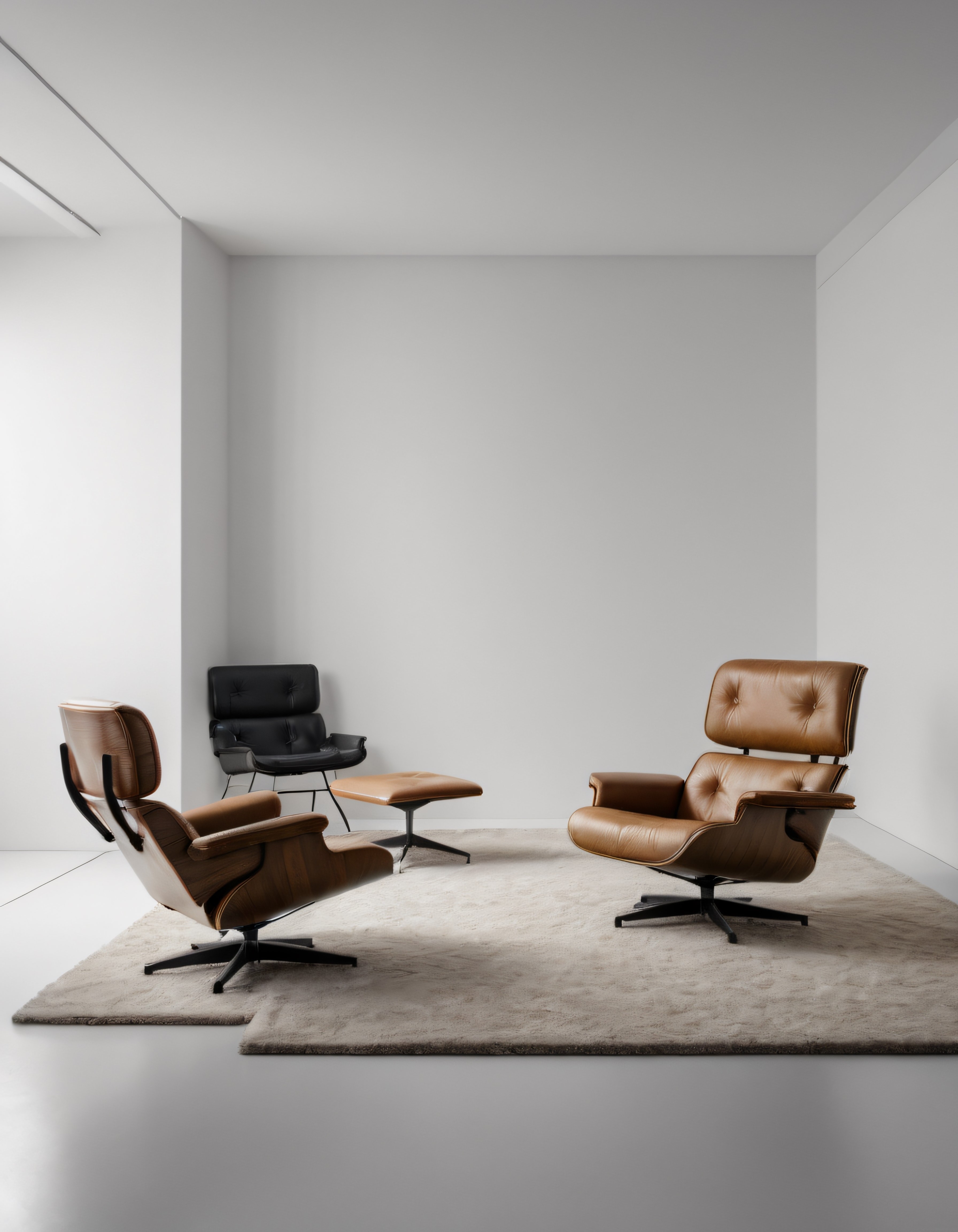 Minimal Beyaz Odada Taba Deri Eames Koltuklar ve Modern Salon Dekorasyonu