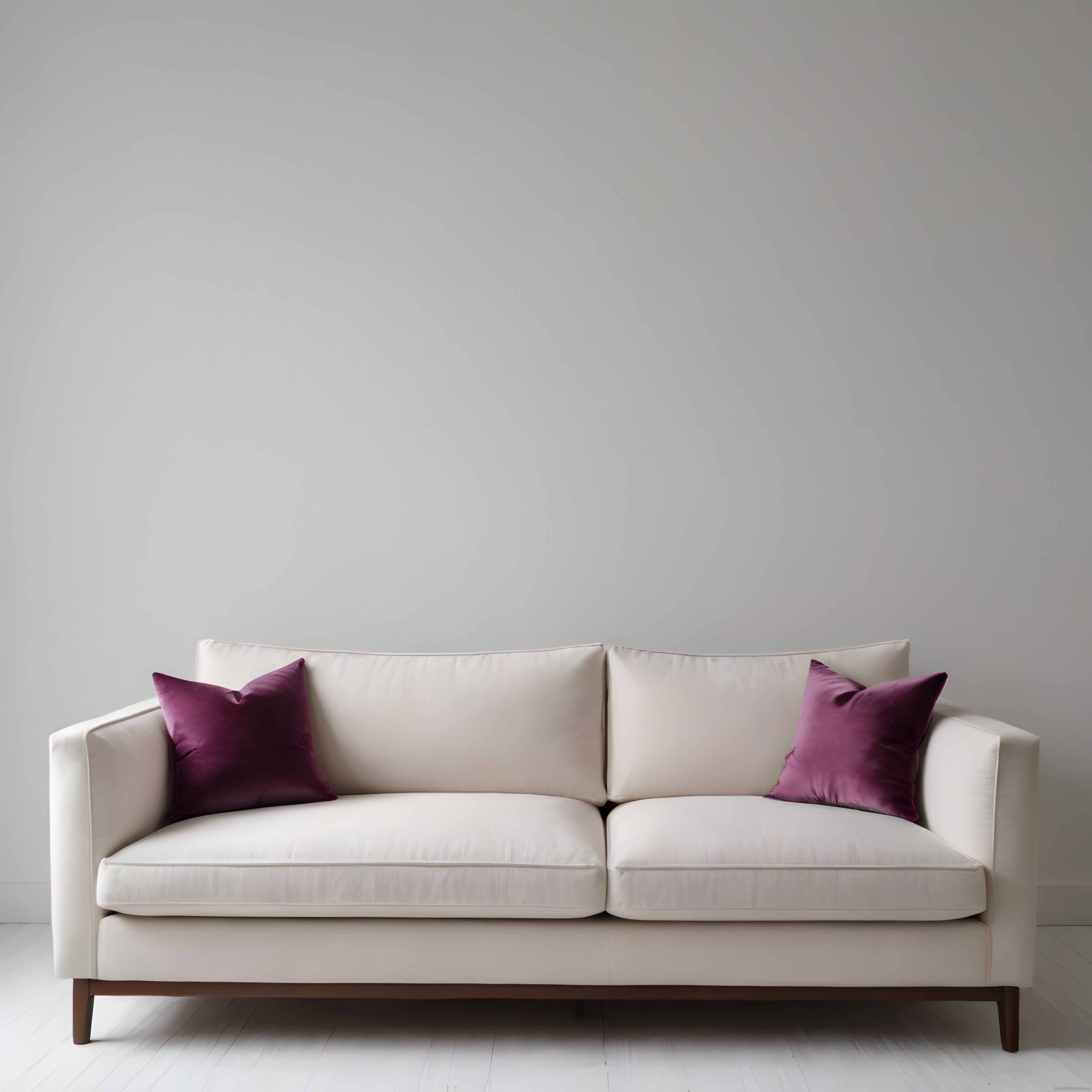 Minimal Beyaz Salonda Mor Kadife Yastıklı Modern Kanepe Dekorasyonu