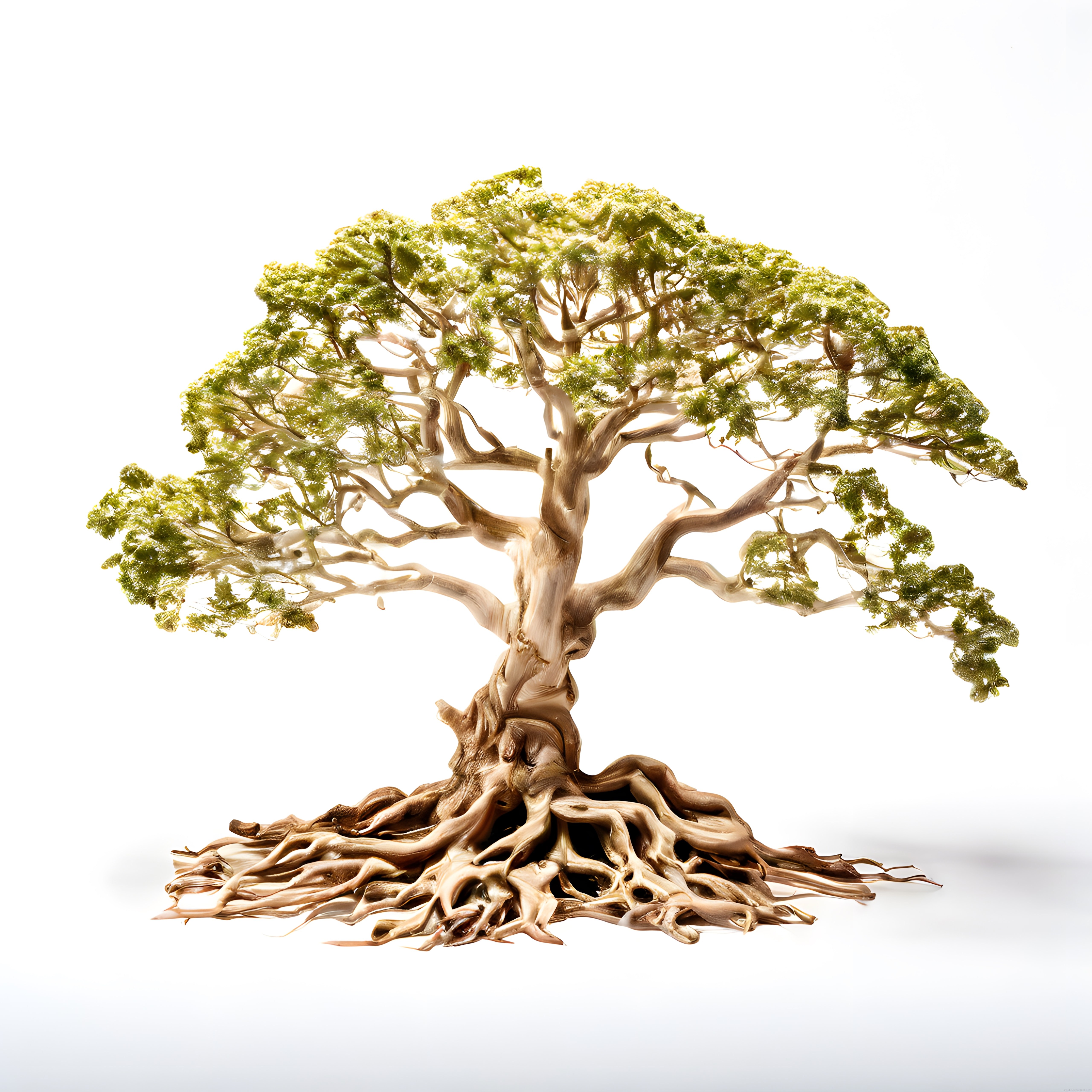 Minimal beyaz stüdyo ortamında estetik bonsai ağacı maketi ve kök detayları