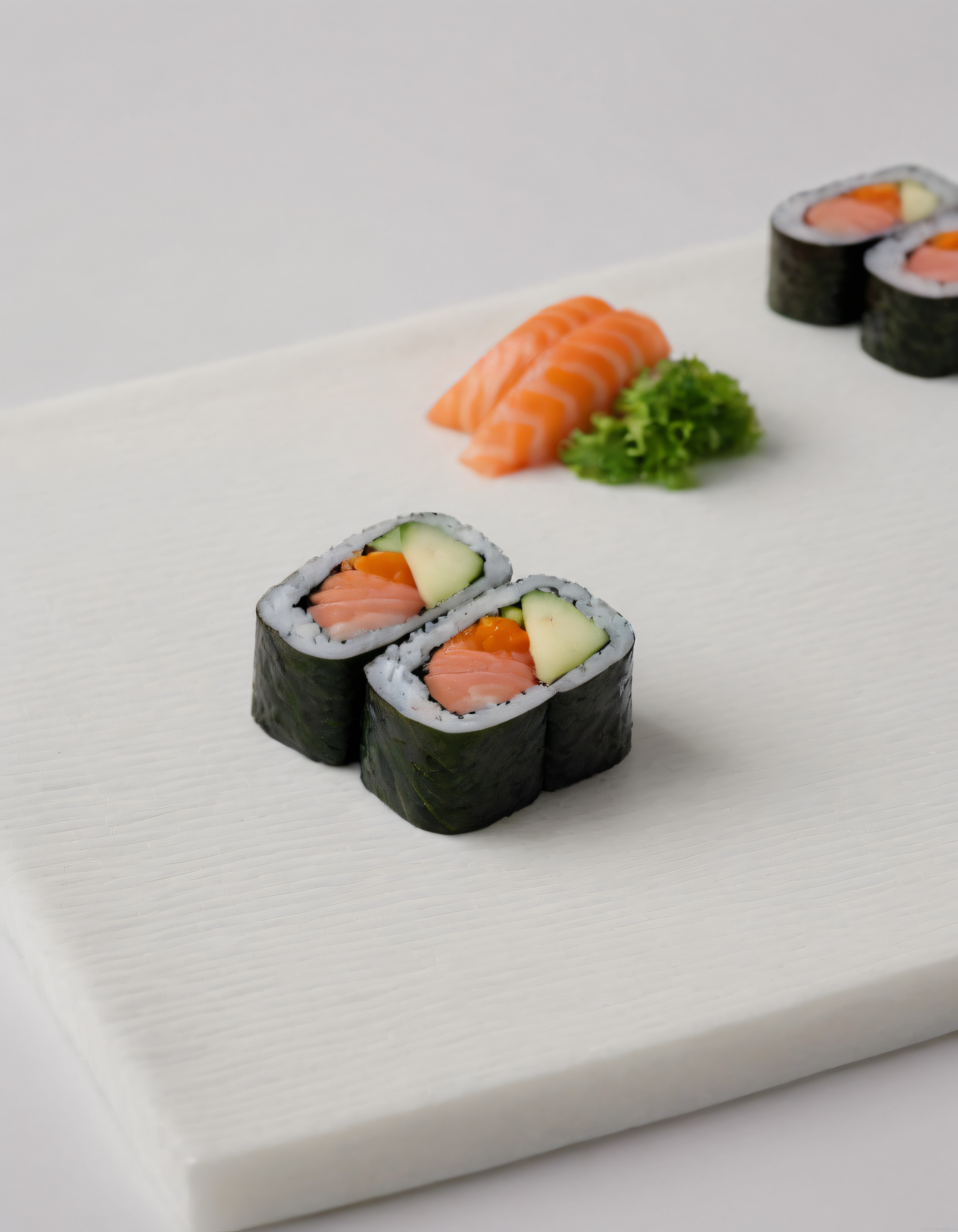 Minimal Beyaz Sunum Üzerinde Taze Somon Nigiri ve Salatalıklı Maki Sushi