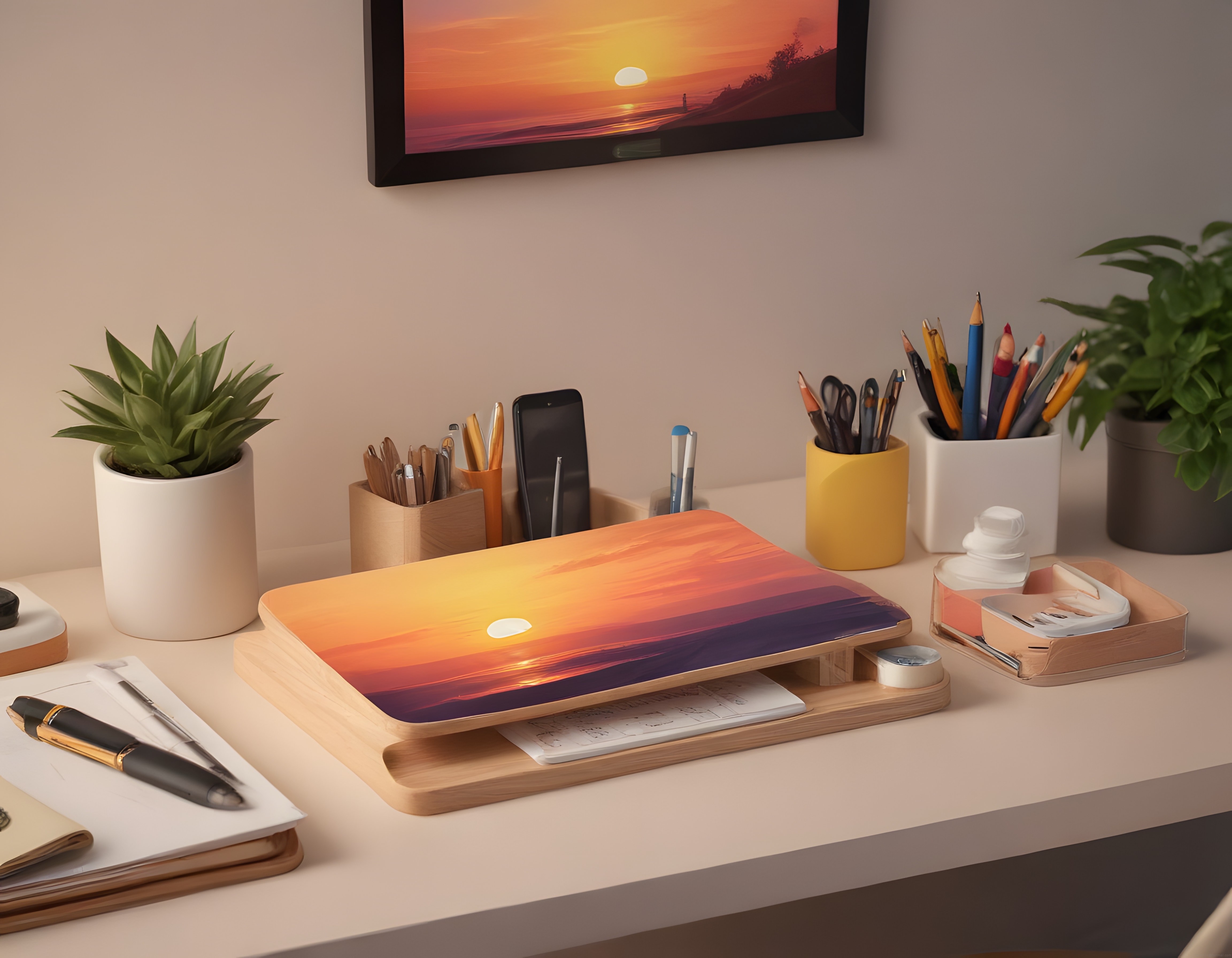 Minimal Çalışma Masası ve Gün Batımı Temalı Düzenli Ofis Ortamı
