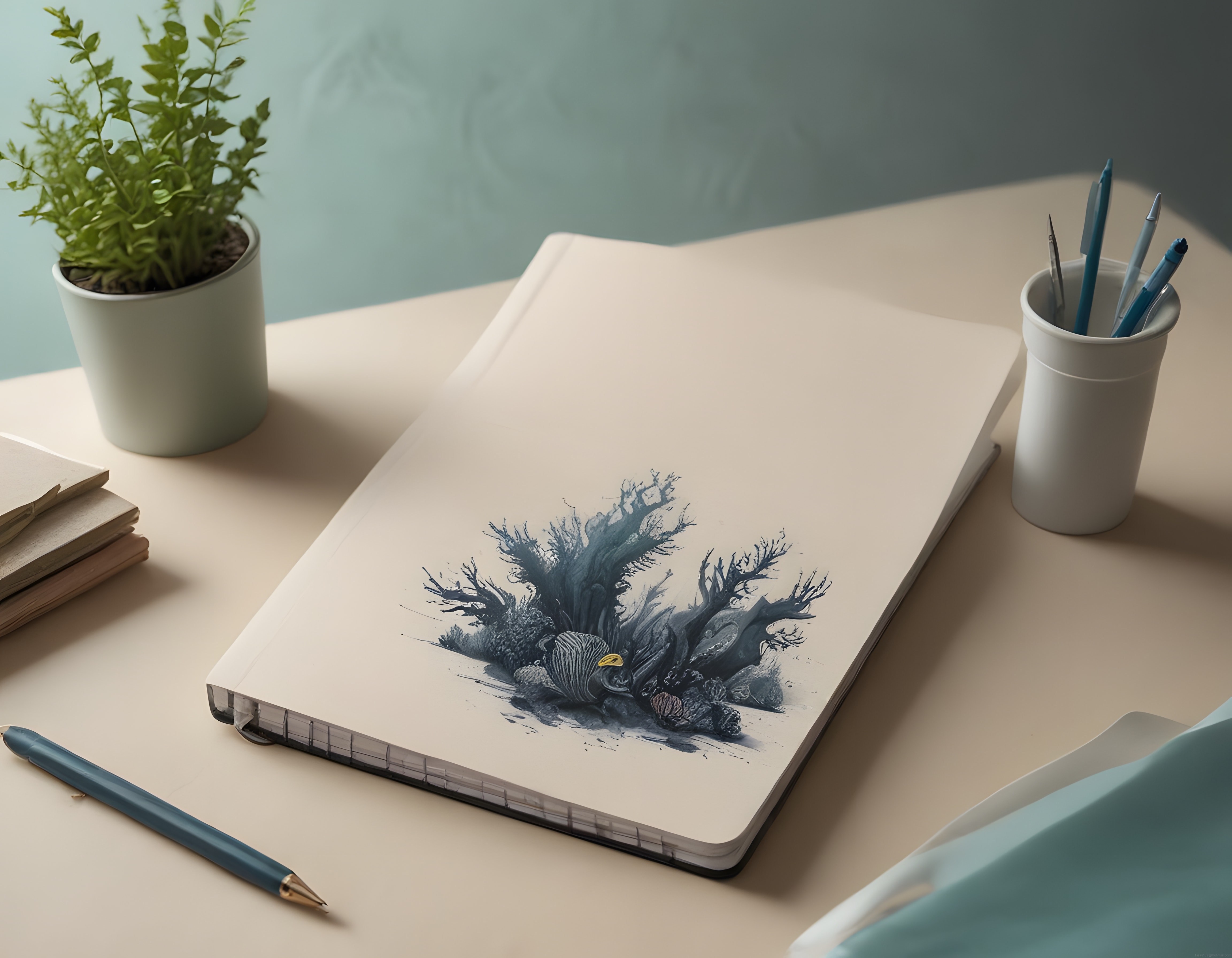 Minimal Çalışma Masasında Suluboya Defter ve Mürekkep Ağaç Çizimi