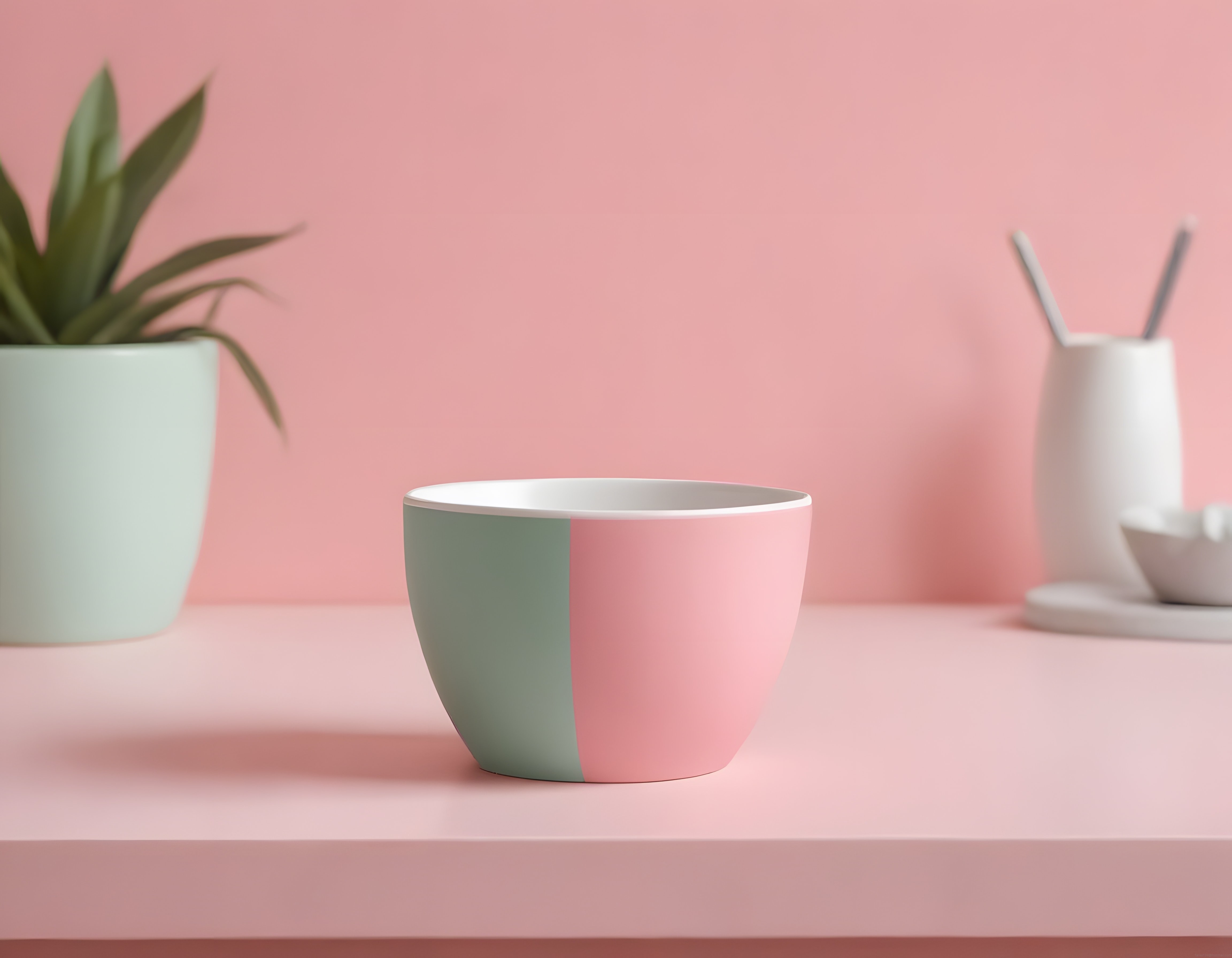 Minimal ev dekorasyonu: pastel pembe ve mint tonlarında seramik kase düzenlemesi