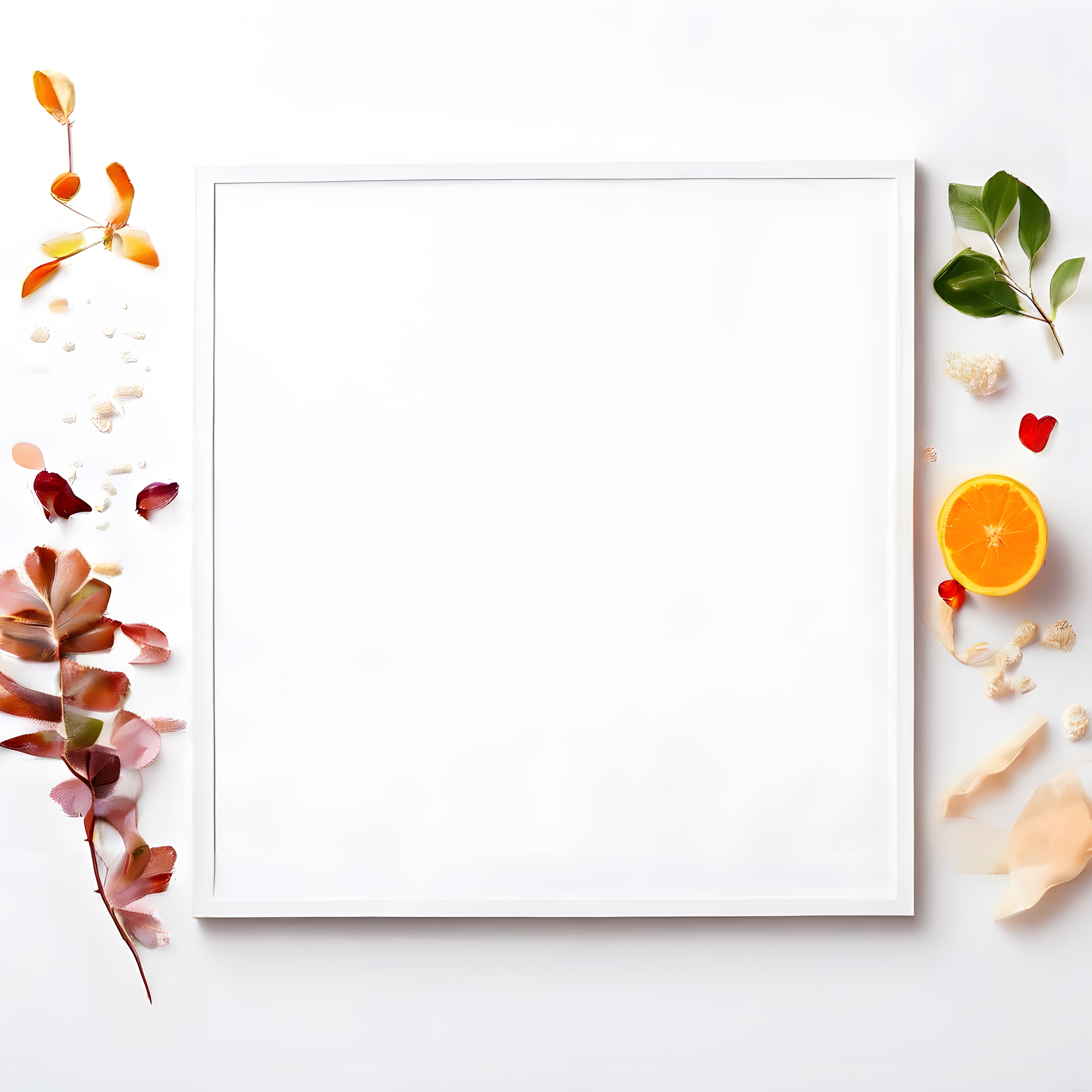 Minimal Flat Lay Kompozisyon: Boş Çerçeve ve Doğal Tonlarda Dekoratif Unsurlar