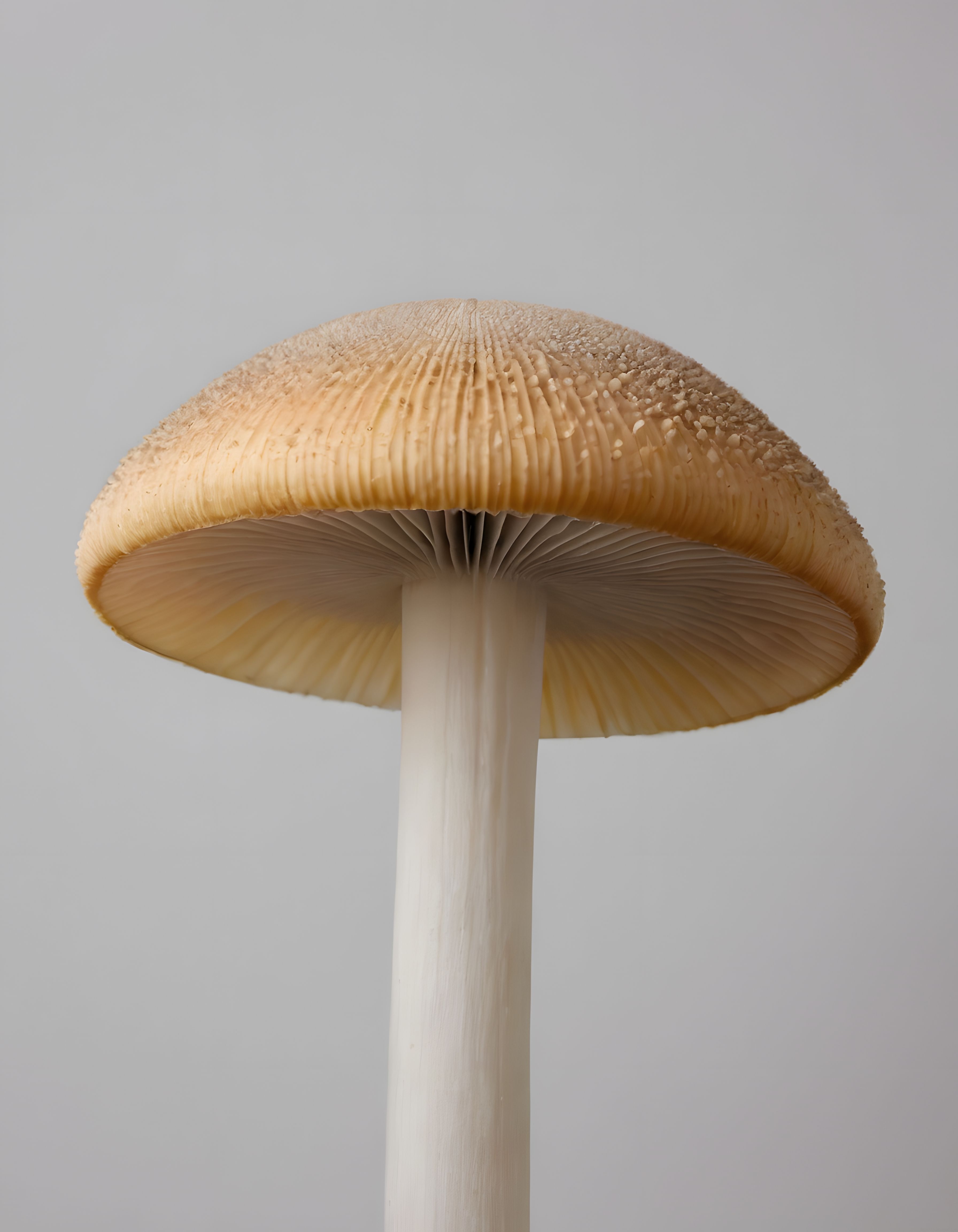 Minimal Gri Arka Planda Krem Şapkalı Beyaz Saplı Mantarın Makro Fotoğrafı