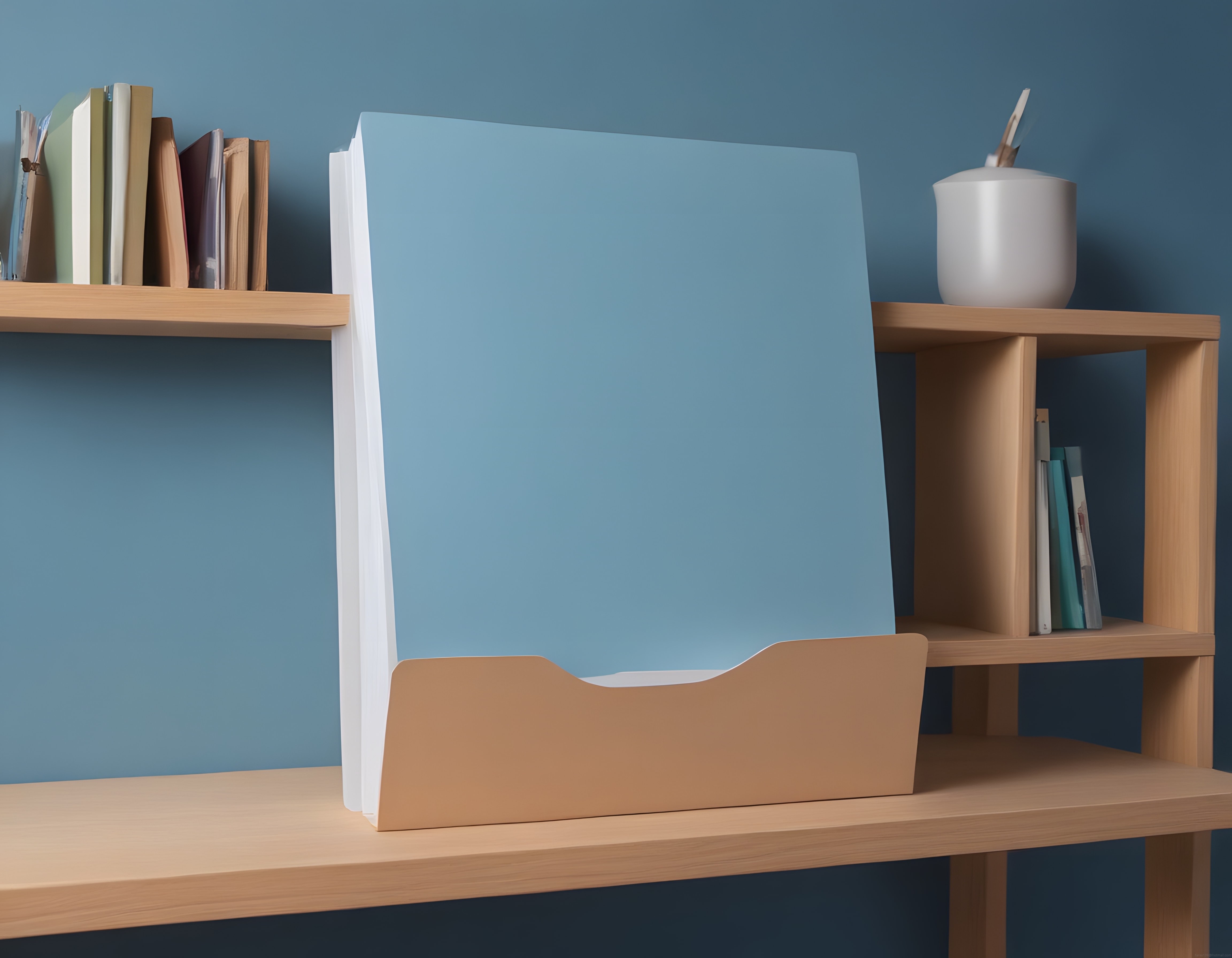 Minimal Home Office: Ahşap Raflar ve Mavi Duvarlarla Düzenli Çalışma Alanı
