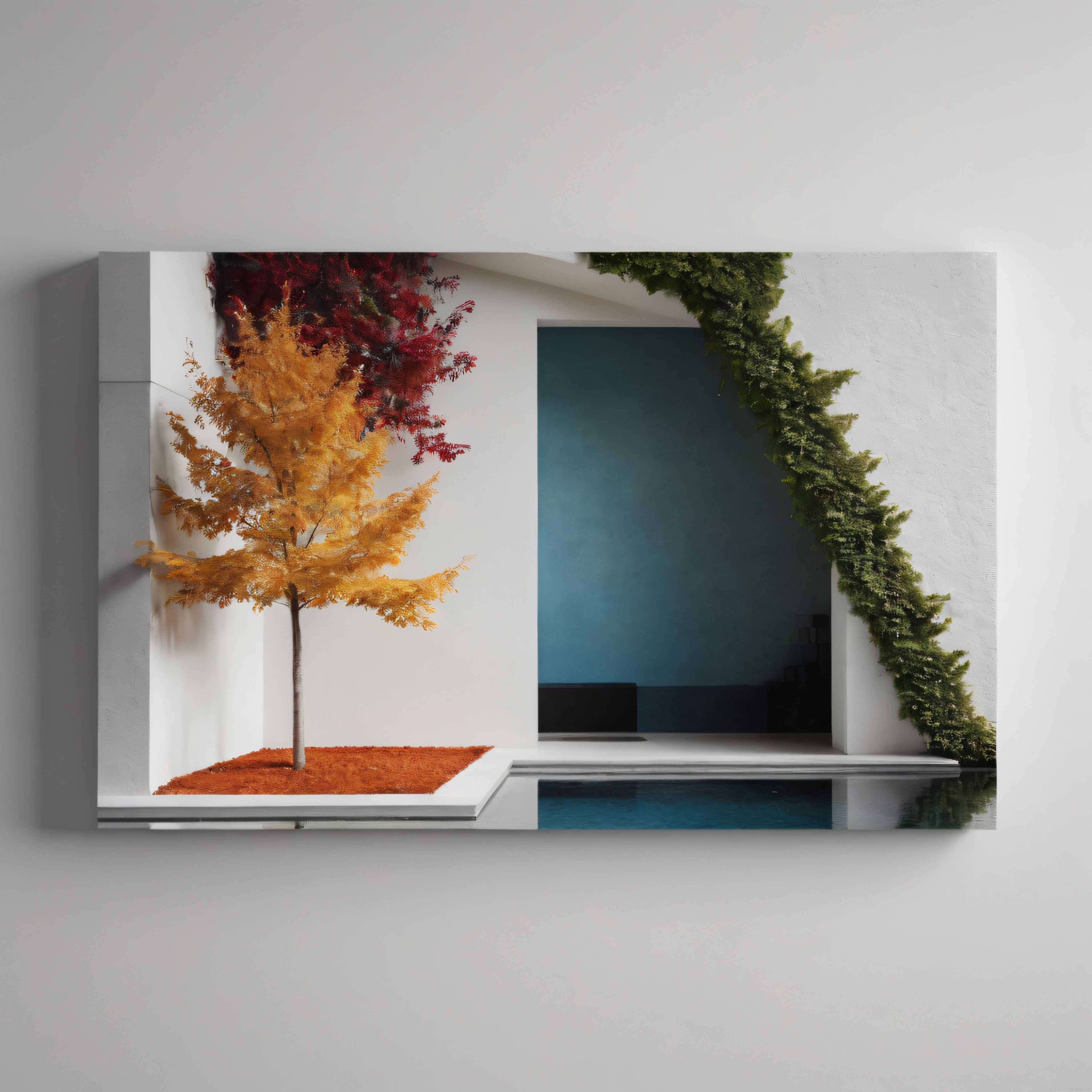 Minimal Mimari İç Mekanda Sonbahar Ağacı ve Yansımalı Havuz Tasarımı