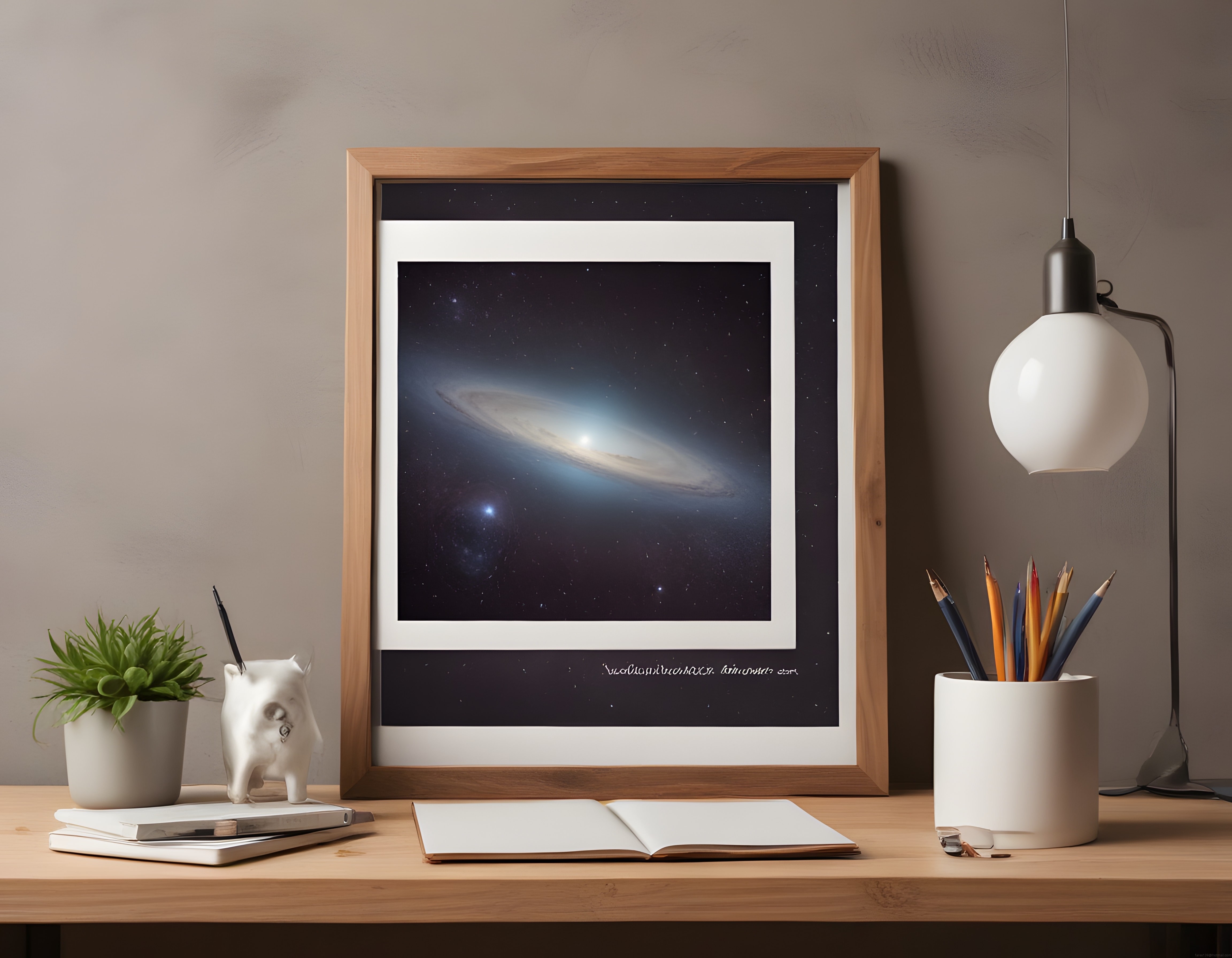 Minimal Ofis Köşesinde Ahşap Çerçeve İçinde Uzay ve Galaksi Temalı Poster