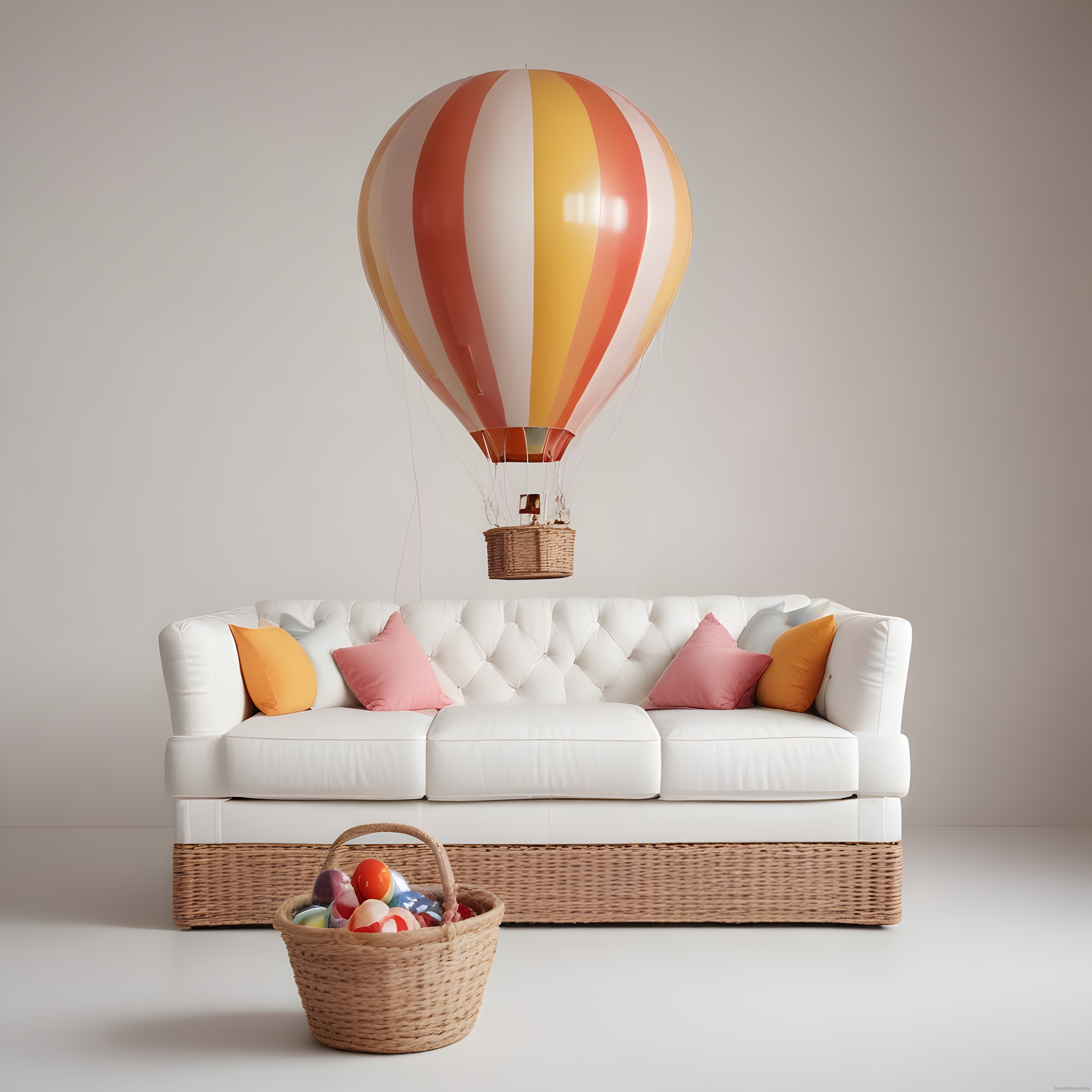 Minimal Oturma Odasında Renkli Balon Dekor ve Şık Beyaz Kanepe